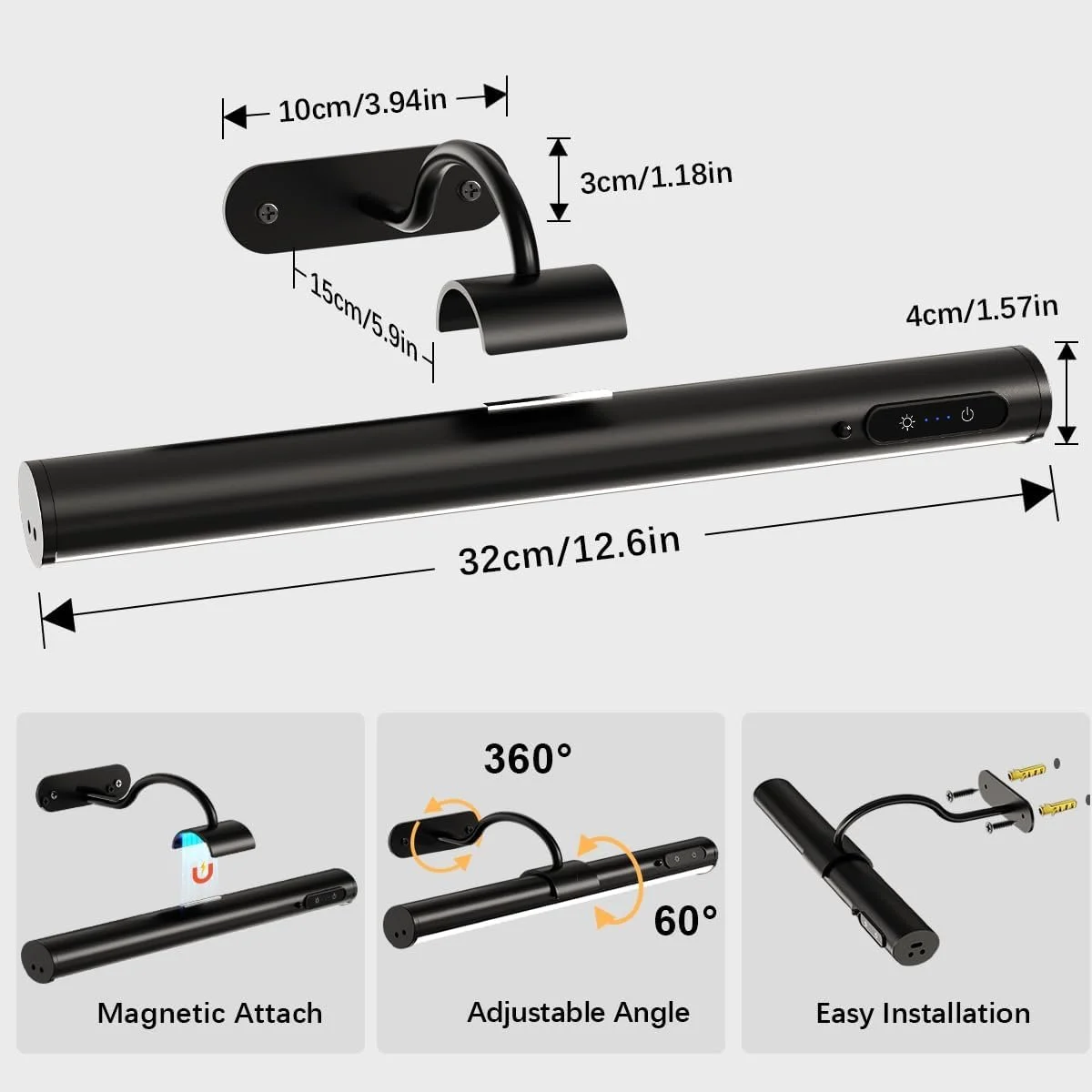 A black cylindrical LED light bar with a control panel showing brightness and power buttons, measuring 32 centimeters long. An adjustable mounting bracket and magnetic attachment options are displayed with measurements of 10 centimeters by 3 centimet