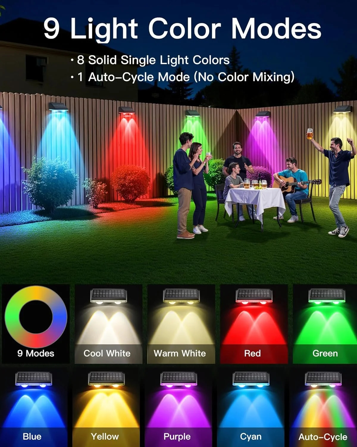An outdoor gathering with people under colorful outdoor lights on a wooden fence. The scene features six people, some sitting at a table with drinks and one playing guitar. The image highlights nine lighting modes: cool white, warm white, red, green,