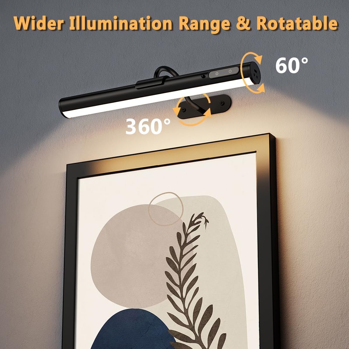A black light fixture with adjustable 360-degree rotation and 60-degree tilt, mounted above a framed artwork, promoting wider illumination range and rotatable positioning.
