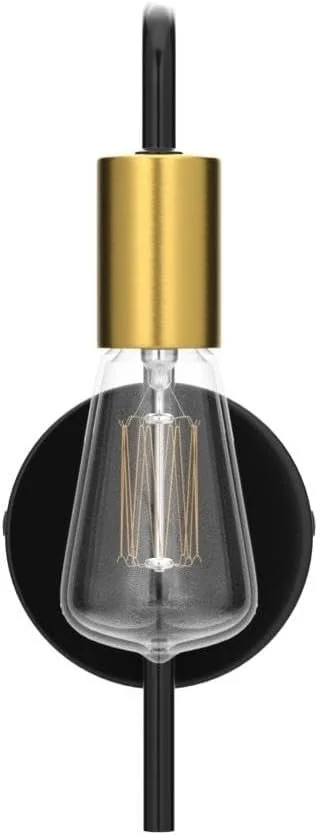 Close-up of a hanging light bulb with a clear glass filament, mounted on a black circular base with black and gold elements.