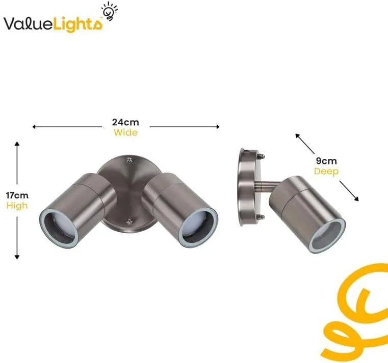 Two adjustable silver spotlight fixtures with yellow measurements indicating 24cm width, 17cm height, and 9cm depth, and the Valuelight brand logo in the top left corner.
