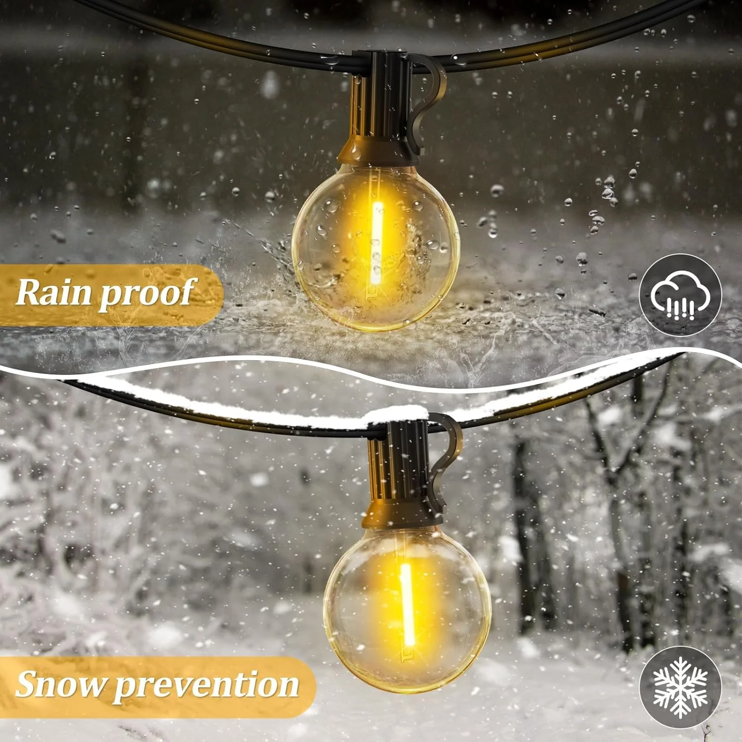 Comparison of a rainproof outdoor light bulb that remains lit in rain and its regular counterpart that turns off in snow.