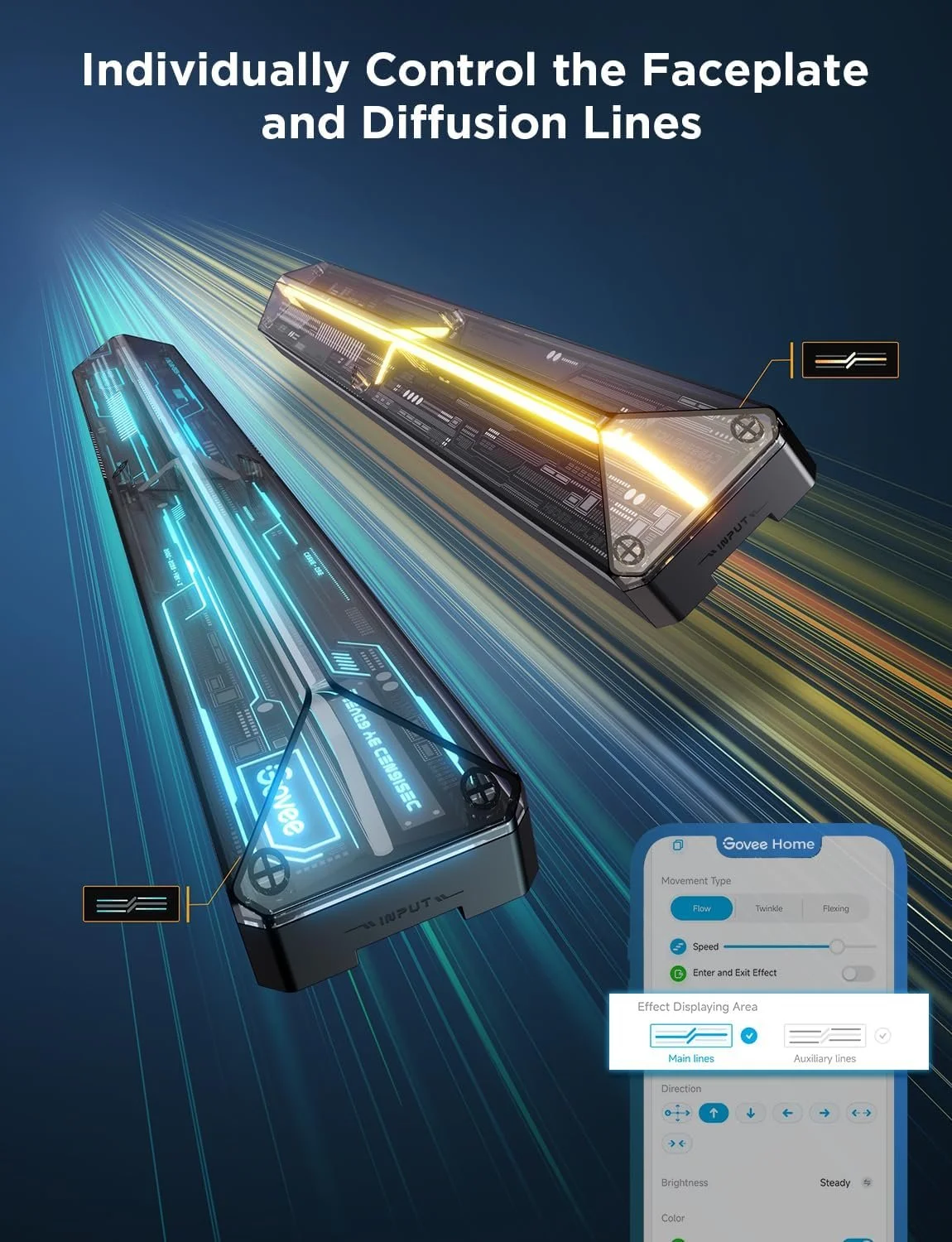 Digital illustration of futuristic control panels with glowing lines and interface elements, demonstrating individual control of faceplate and diffusion lines.
