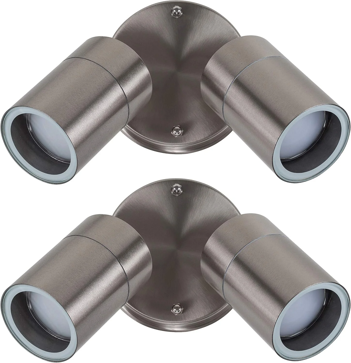 Two stainless steel wall-mounted spotlight fixtures with two adjustable cylindrical lights each.
