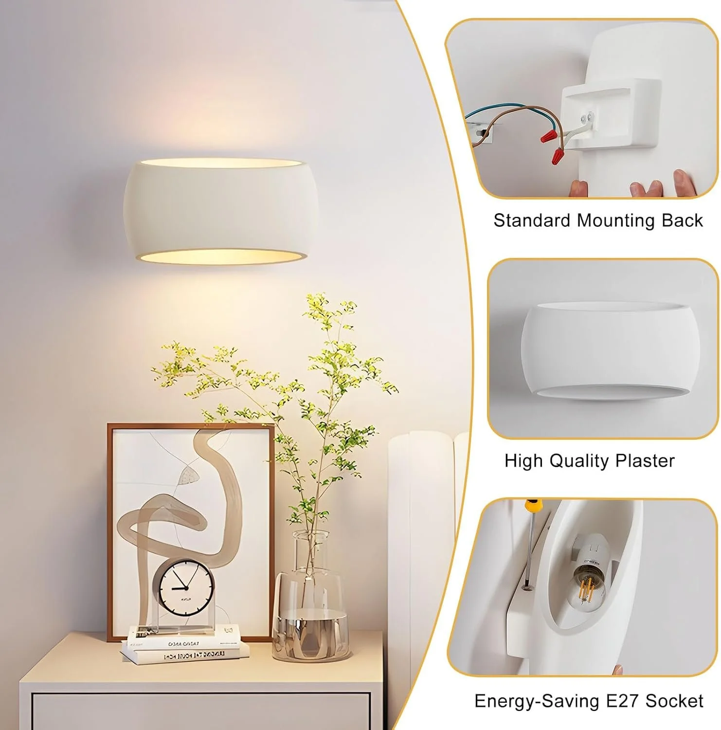 A modern interior scene featuring a wall-mounted lampshade, a decorative picture, a clock, a glass vase with a plant, and a white cabinet. Inset images display the installation process and components: a standard mounting back, high quality plaster, a