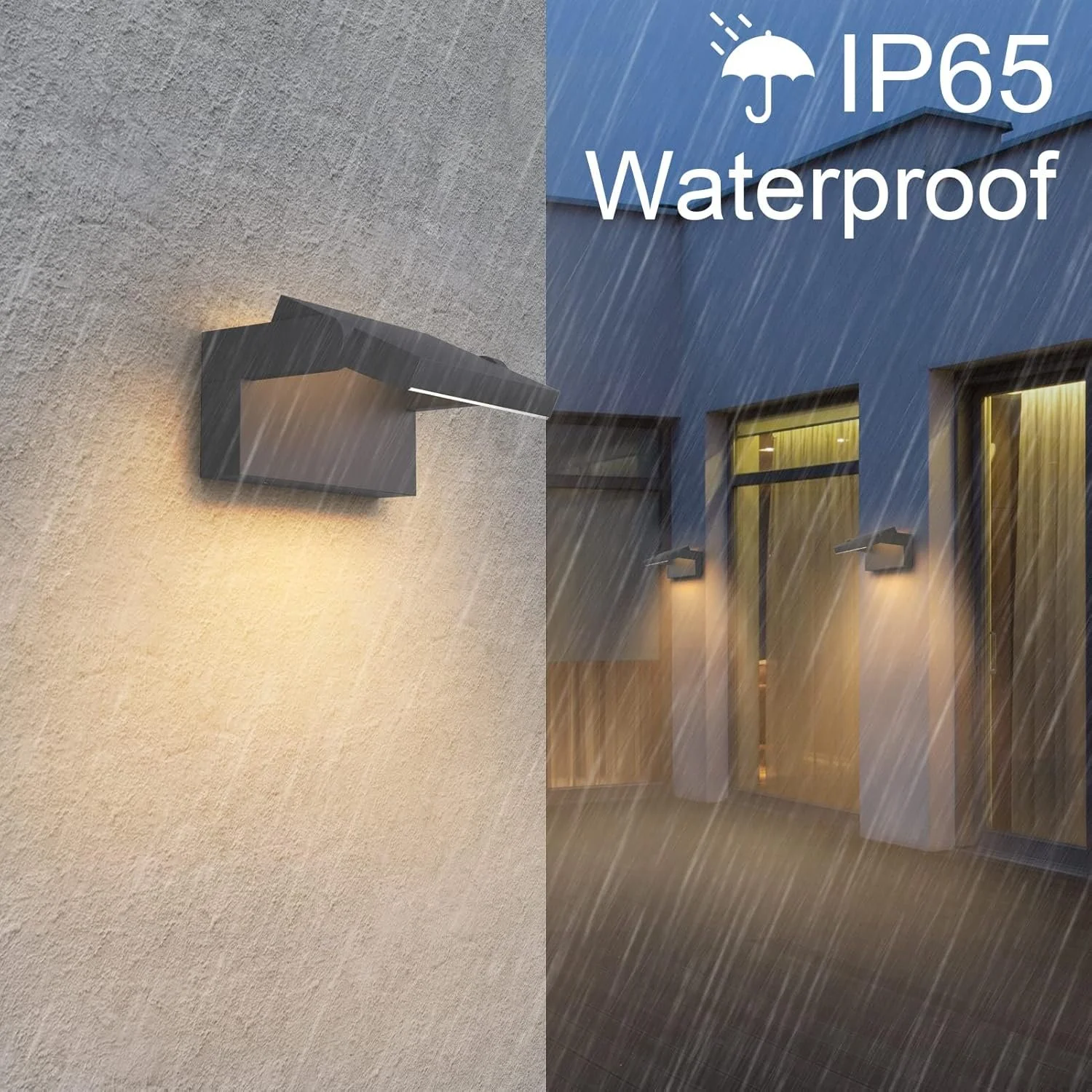 Side view of a modern outdoor wall light mounted on a textured wall, with an illustration of rain and the text "IP65 Waterproof" indicating the light is weatherproof.