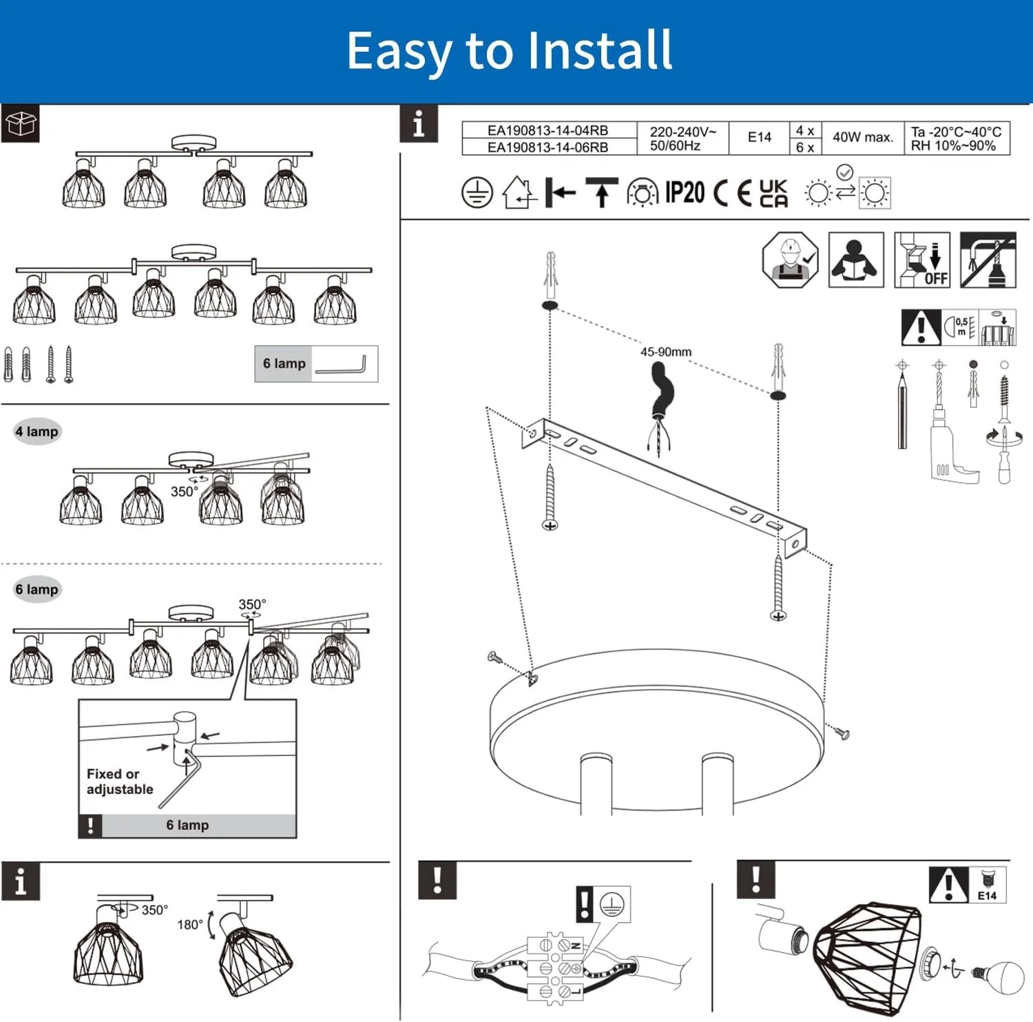 Installation instructions for a ceiling light fixture with six lamps, including diagrams for various mounting options, tools needed, and safety precautions.
