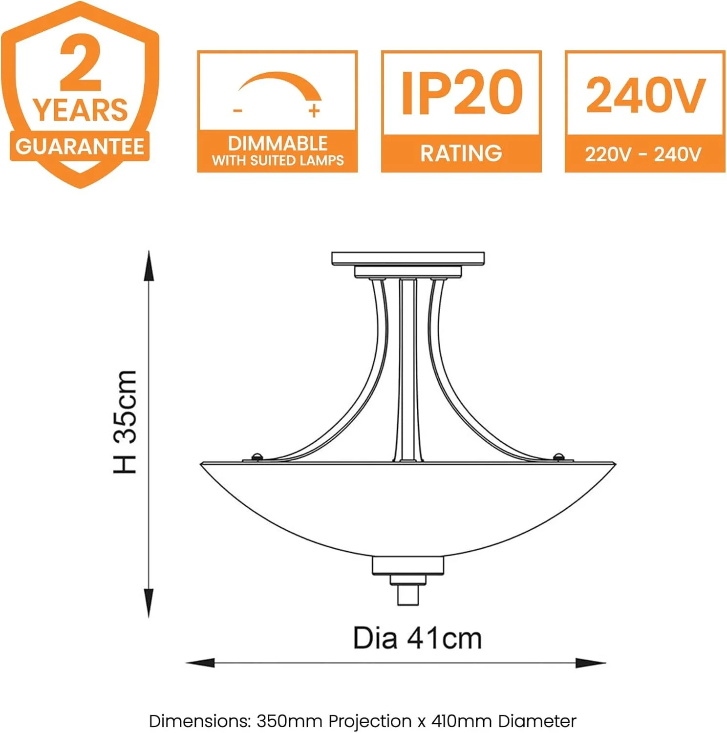 Technical drawing of a ceiling light fixture with dimensions, height of 35 cm, diameter of 41 cm, and various specifications for durability and power, with icons indicating a 2-year guarantee, dimmable feature, IP20 rating, and 240V compatibility.