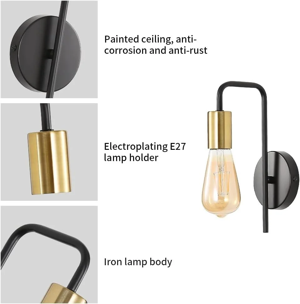 This image shows a modern wall-mounted light fixture with a black painted ceiling mount, a black arched arm, and a gold electroplating E27 lamp holder with an Edison-style light bulb. The components are labeled: painted ceiling, electroplating E27 la