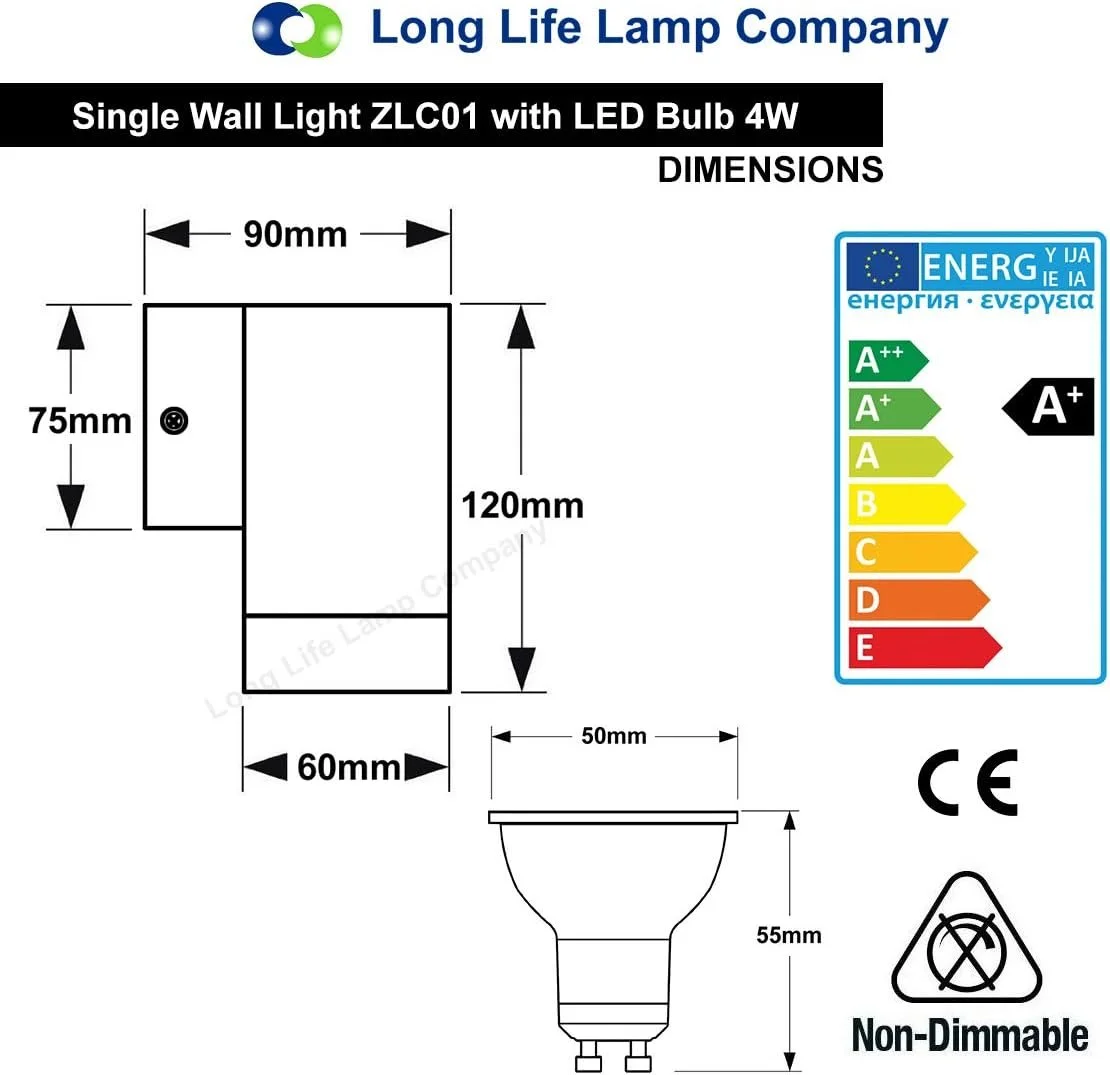 Technical drawing and specifications for a single wall light model ZLC01 with a 4-watt LED bulb, including dimensions, energy efficiency ratings, and safety symbols.