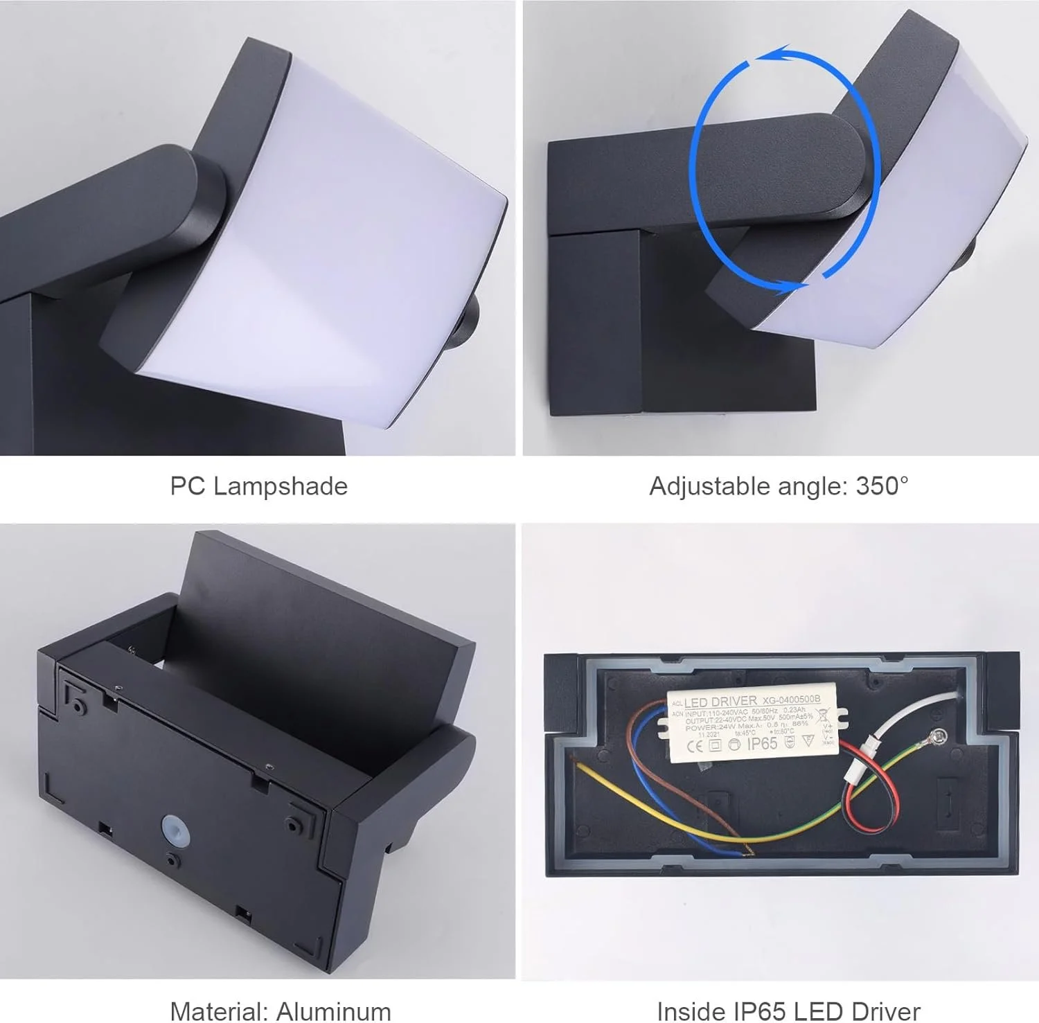 Images of a modern adjustable black and white PC lamp with a shade, a black mounting base and an internal LED driver, with labels describing materials and features.