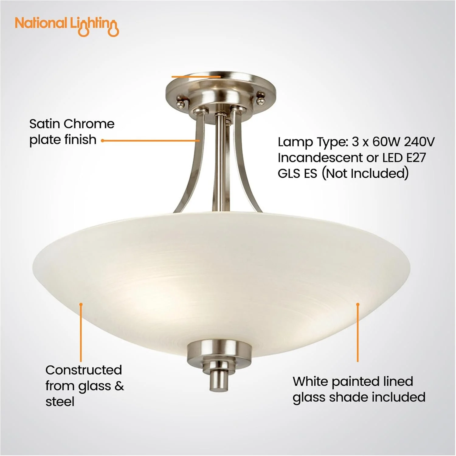 A ceiling light fixture with a satin chrome plate finish and a white painted lined glass shade. The fixture is designed to hold three 60-watt, 240-volt bulbs, either incandescent or LED E27 GLS ES. The construction materials include glass and steel.