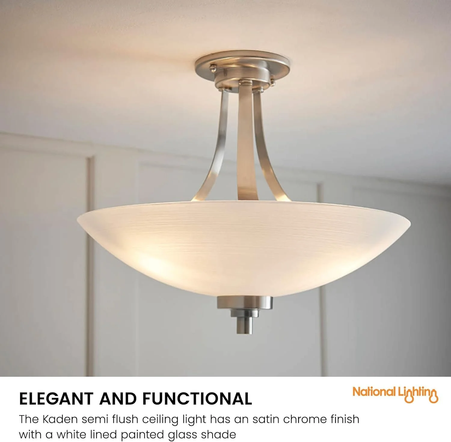 Kaden semi-flush ceiling light with satin chrome finish and a white painted glass shade.