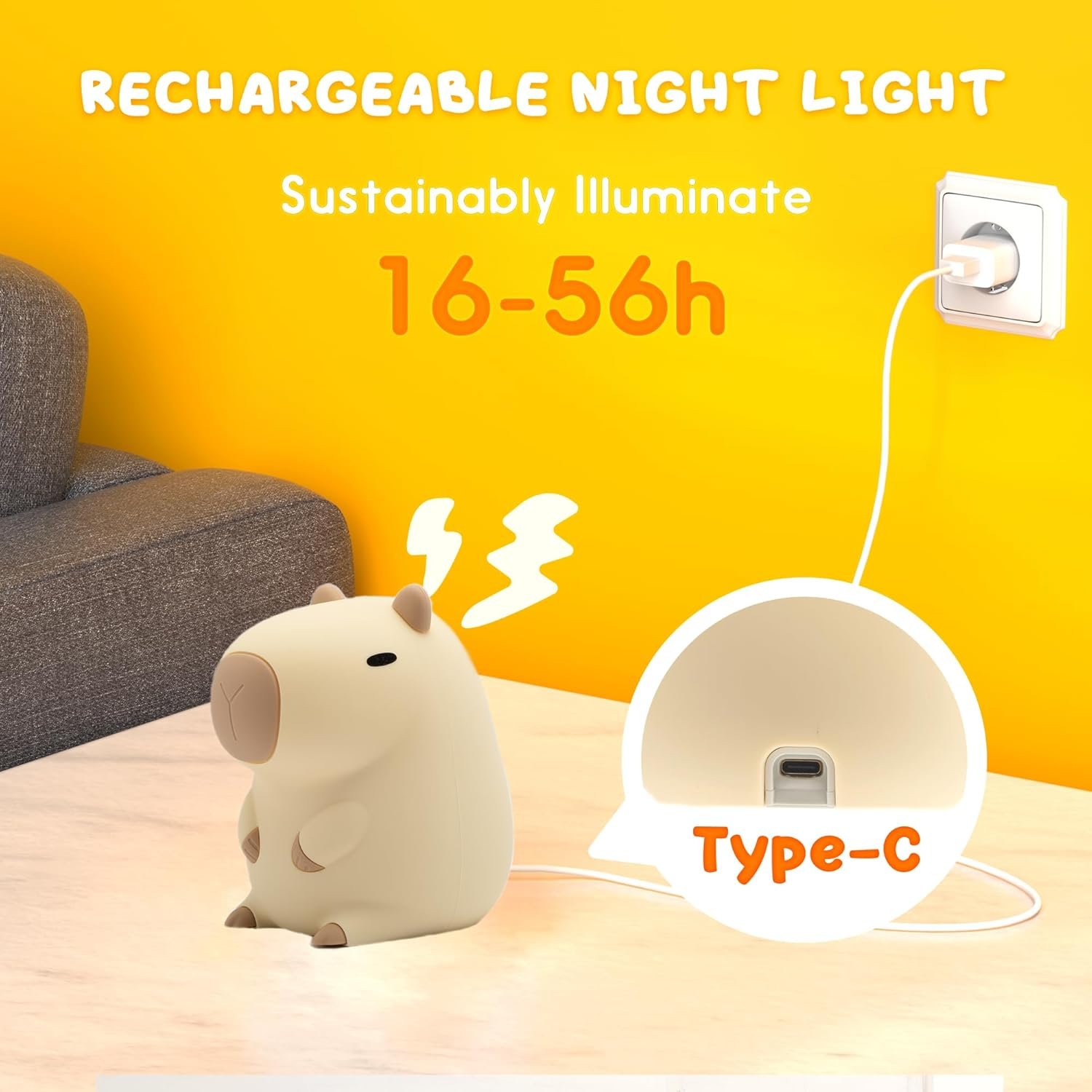 A rechargeable night light shaped like a cartoon hamster, plugged into an outlet and emitting light, against a yellow wall with text promoting its features.