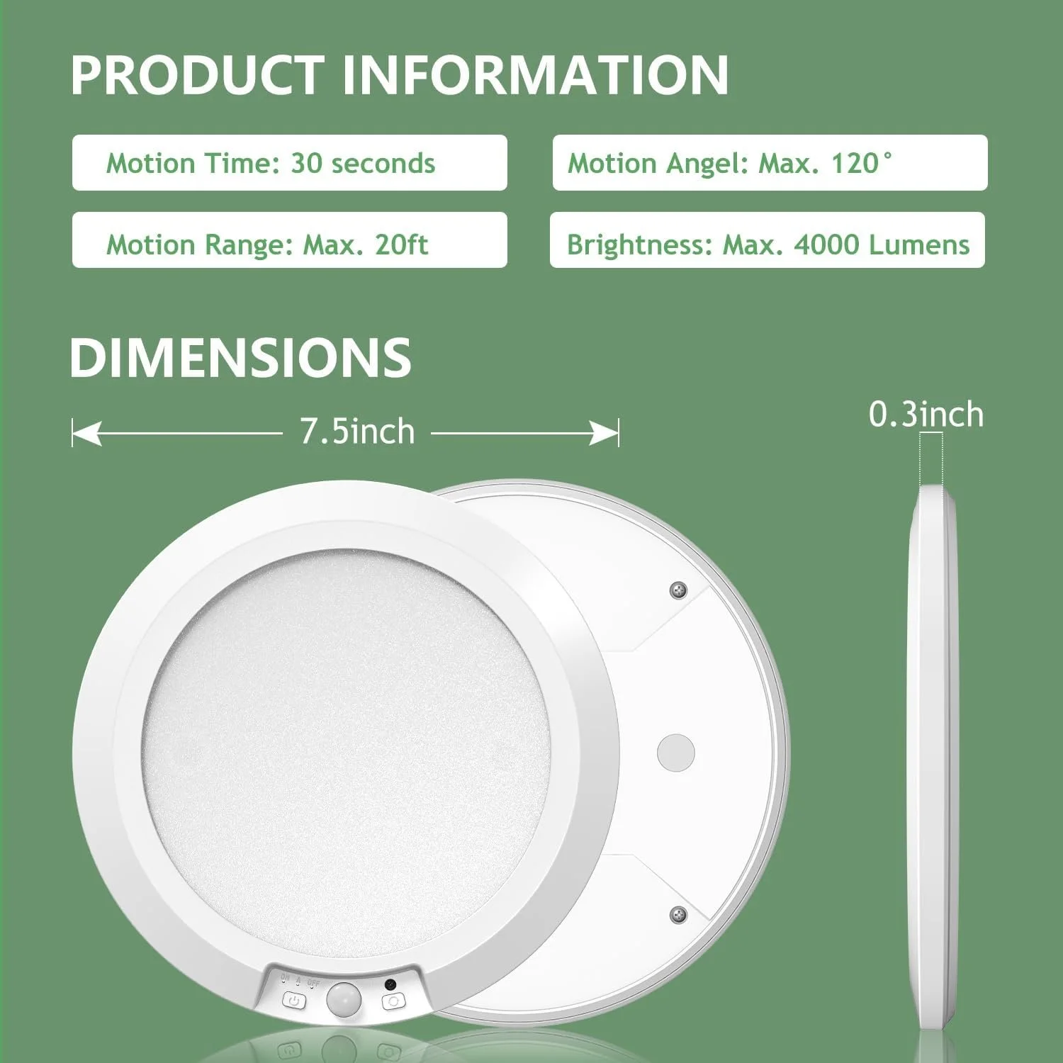 Product information and dimensions of a circular white device with a flat design, showing front and side views on a green background. The device's specifications include motion time of 30 seconds, a maximum motion angle of 120 degrees, a range of 20 