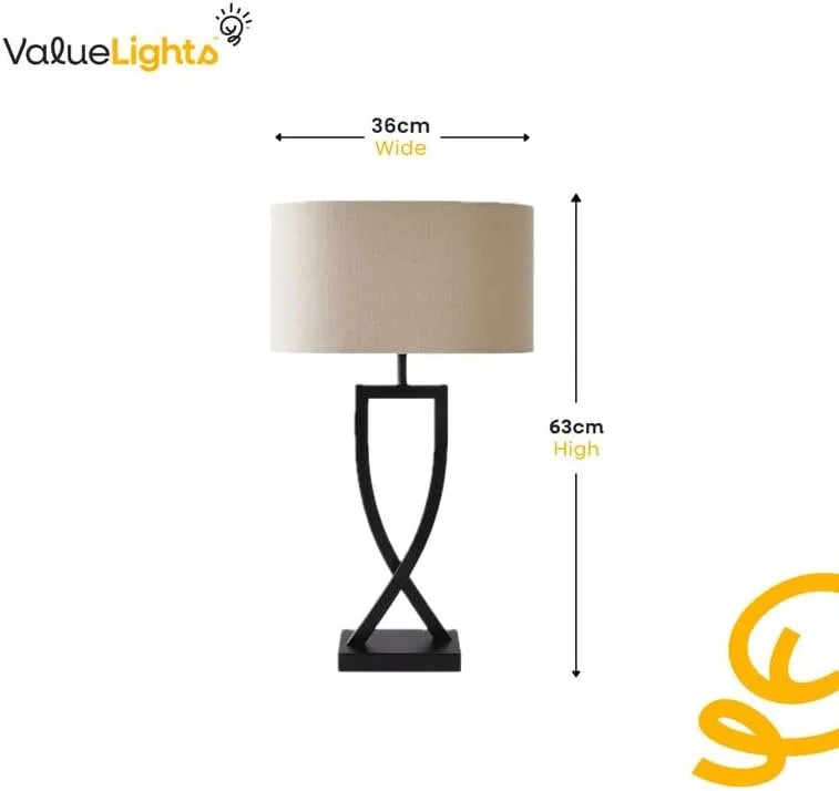 A table lamp with a beige cylindrical shade, a decorative black base with crisscrossing arms, and a 36cm width, 63cm height, on a white background with the brand name 'Value Light' in the upper left corner.