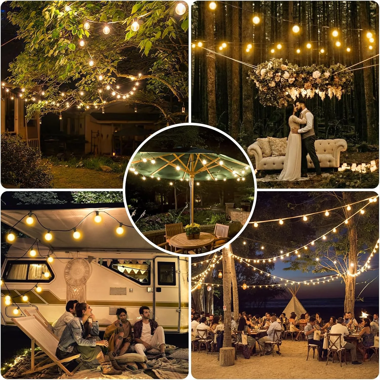Collage of outdoor night scenes featuring string lights, a couple hugging on a vintage sofa in a forest, people sitting around a table in a beach setting, a group relaxing by a trailer, and a dining area with many guests and string lights overhead.