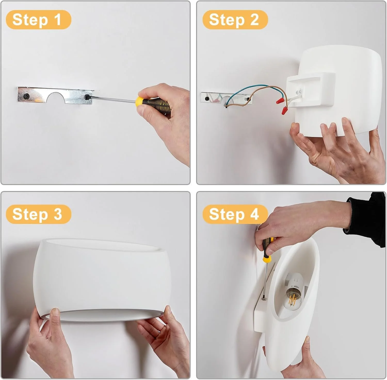 Step-by-step guide to installing a light fixture. Step 1: Unscrew and remove the metal mounting bracket from the wall. Step 2: Connect the wiring from the wall to the fixture. Step 3: Hold the white light fixture and prepare to attach it. Step 4: Scr