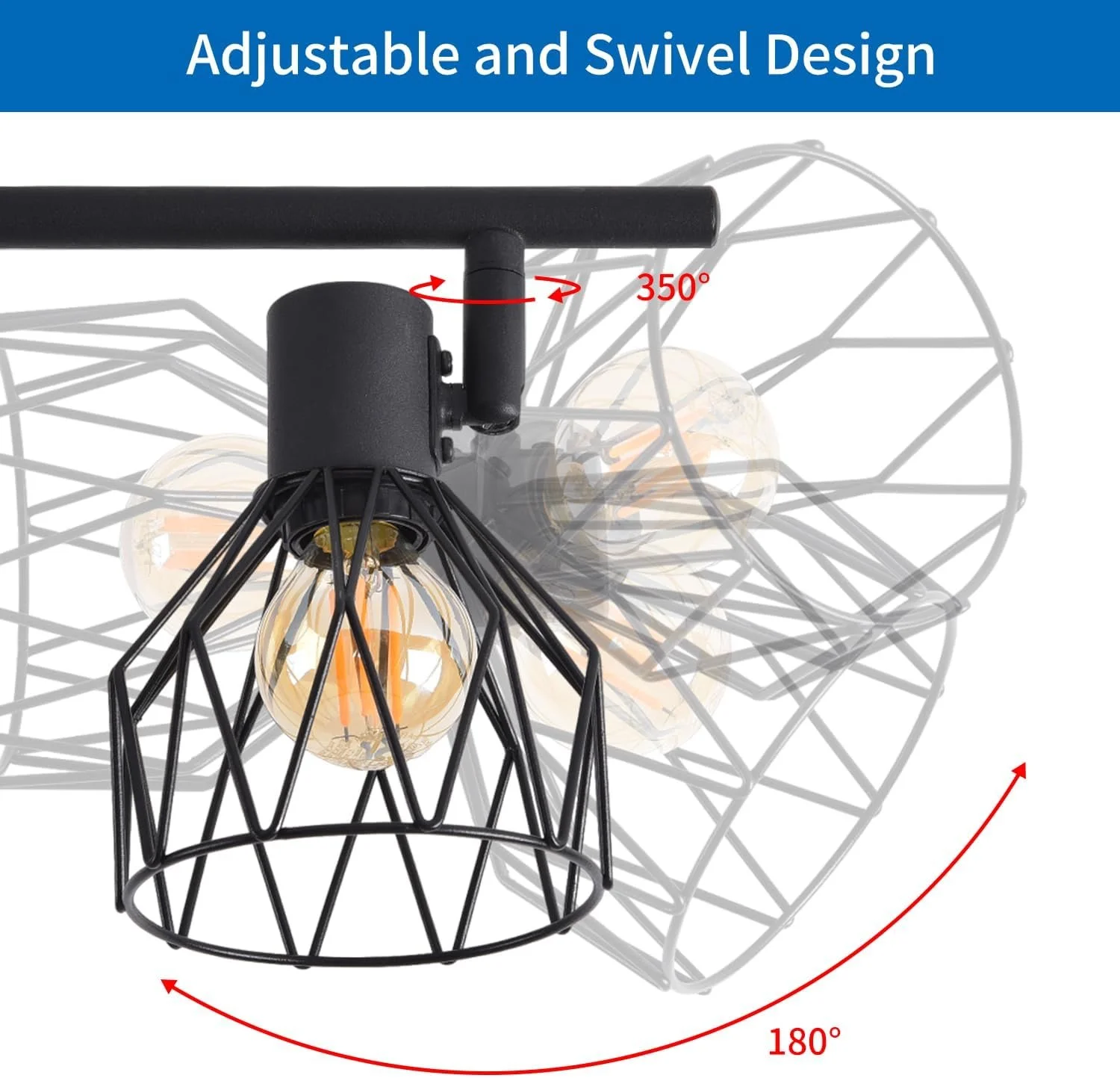 Close-up of a black pendant light fixture with an adjustable, swivel metal cage designed for a bulb, showing rotation angles of 350 and 180 degrees, with the text "Adjustable and Swivel Design" at the top.