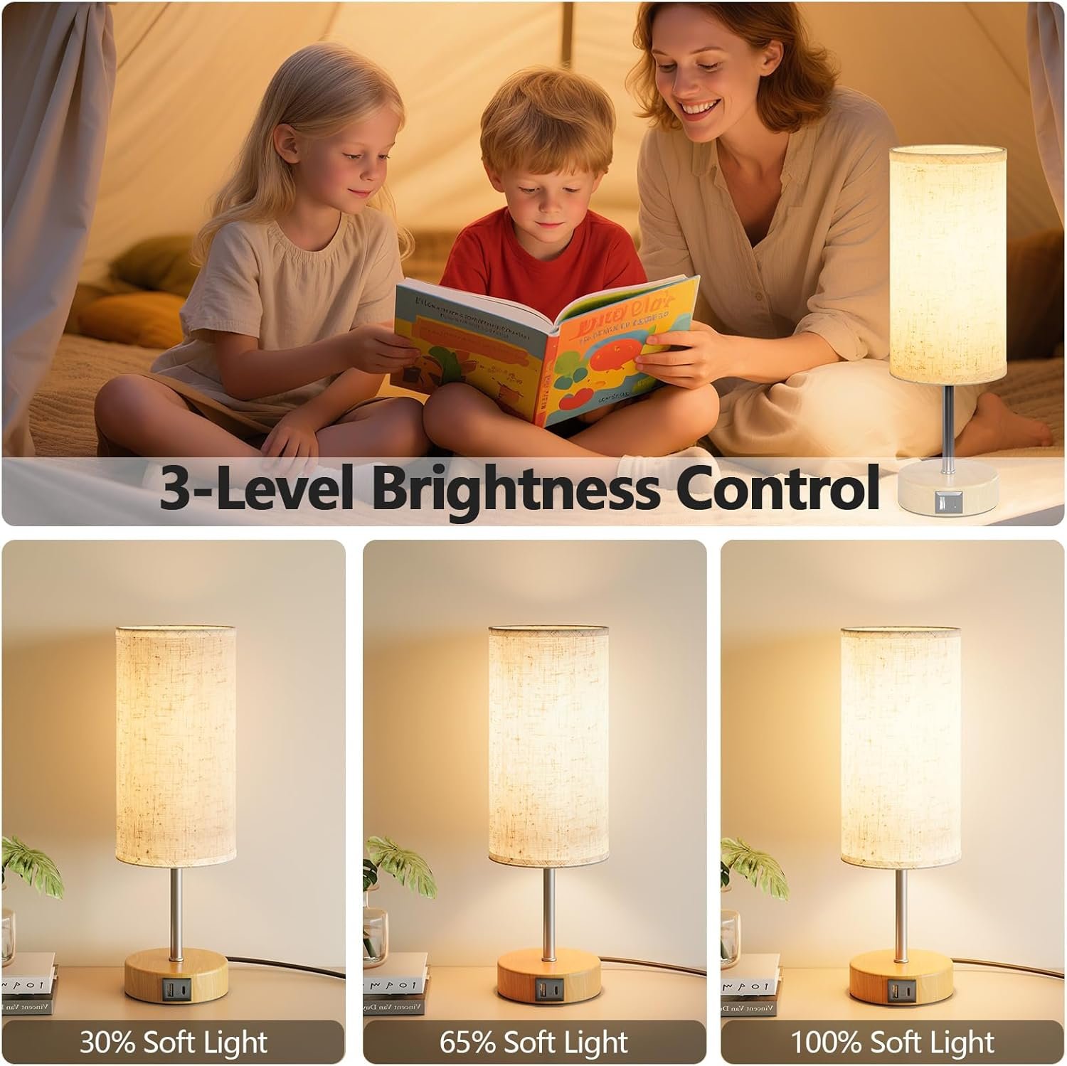 A woman and two children sitting on a bed inside a tent-like structure, reading a children's book. Adjacent to them is a small table lamp with a beige lampshade, which is part of a display showing three brightness levels: 30%, 65%, and 100% soft ligh