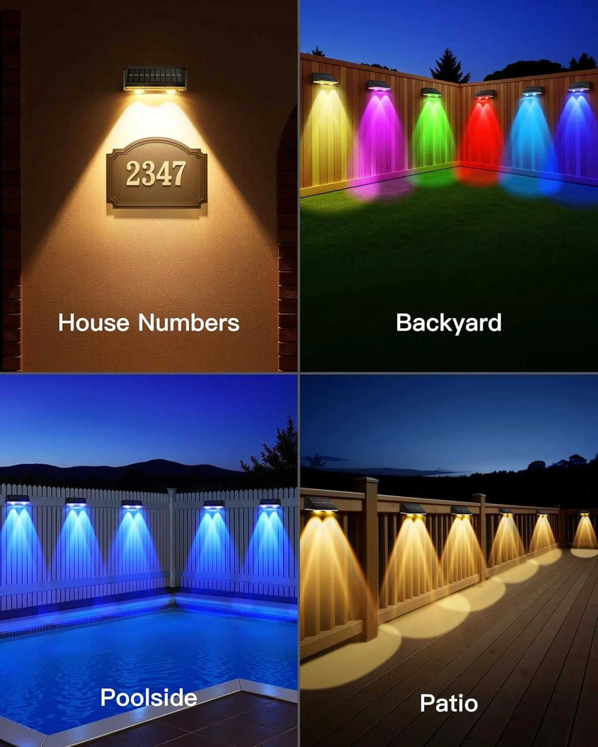 A collage depicting different outdoor lighting options for a house. Top left shows house number 2347 illuminated by a warm light. Top right showcases multicolored lights on a backyard fence. Bottom left features blue lights illuminating a poolside ar