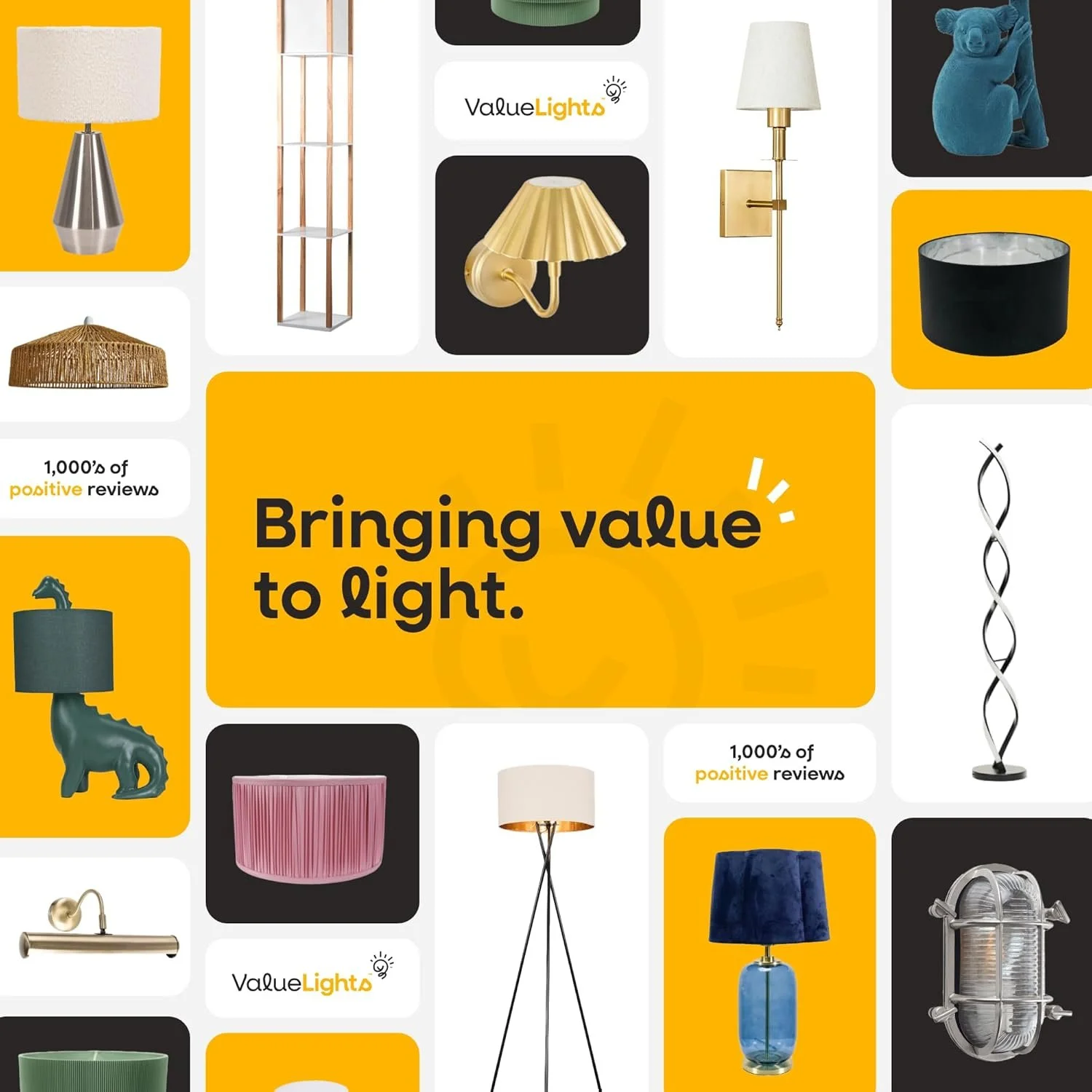 Collage of various modern and contemporary lamps and lighting fixtures with the central text 'Bringing value to light.' and additional text indicating positive reviews.
