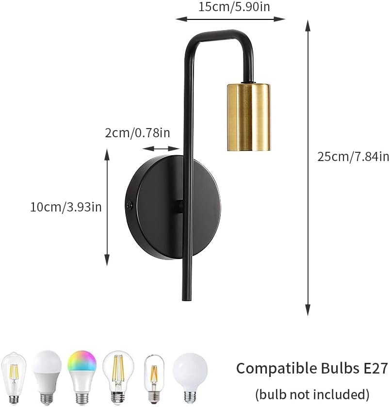 Wall-mounted black sconce with a curved arm and gold cylindrical lampshade, measuring 25 cm tall and 15 cm wide, with specific dimensions marked for parts, compatible with E27 bulbs (bulb not included).