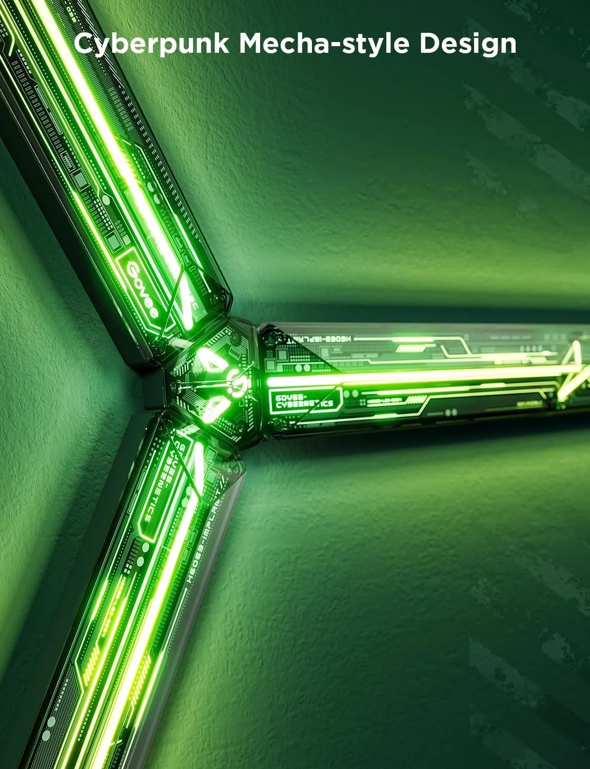 A close-up image of a futuristic, cyberpunk-style lamp with green neon lights, designed to resemble a circuit board, mounted at the corner of a green wall. The lamp has digital patterns and text, including words like 'Cyberpunk Mecha-style Design' an