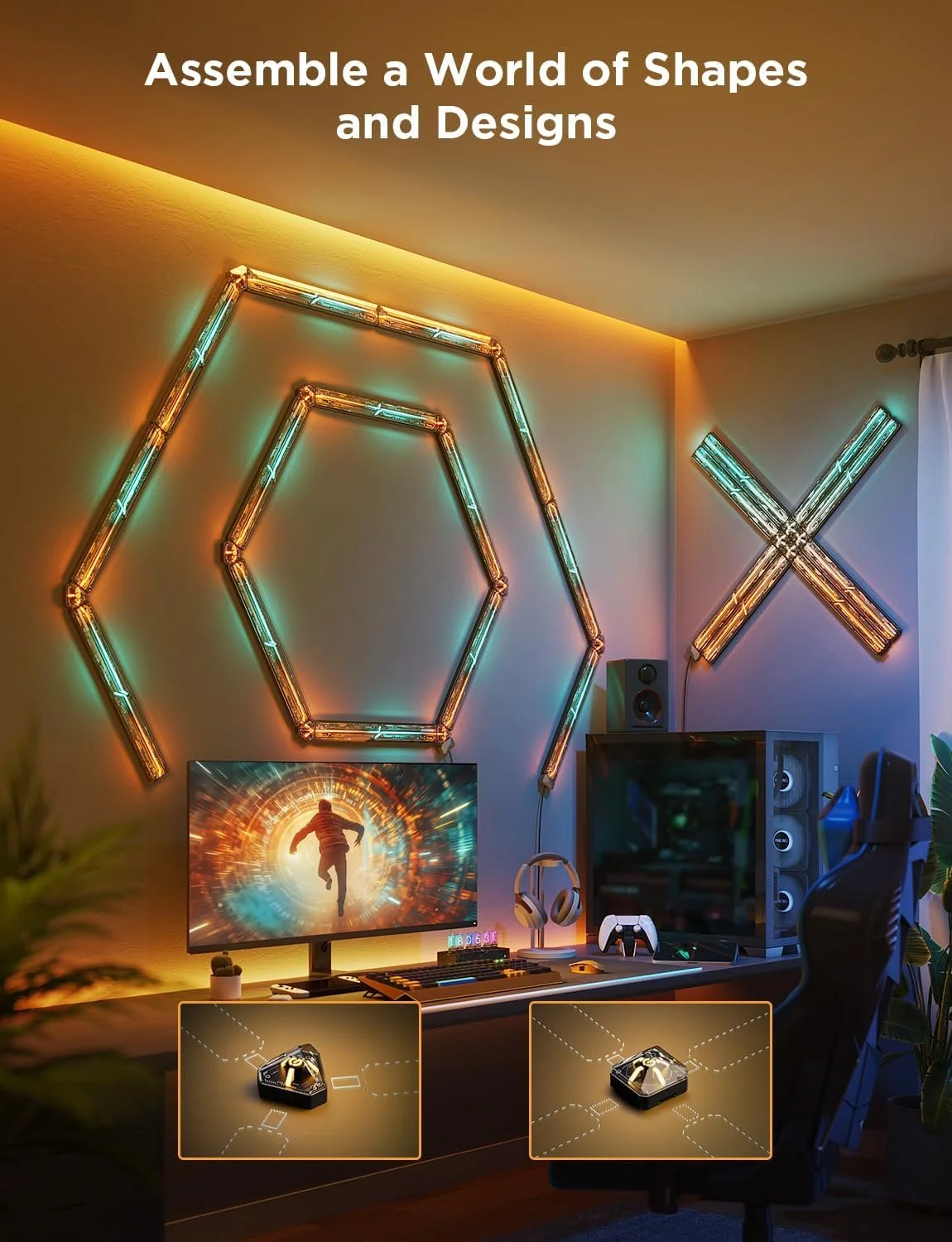A gaming setup with neon lights, a monitor displaying a person running through a digital tunnel, a desktop computer, headphones, a gaming controller, and two interactive shape-building toys on the desk, with neon shapes on the wall.