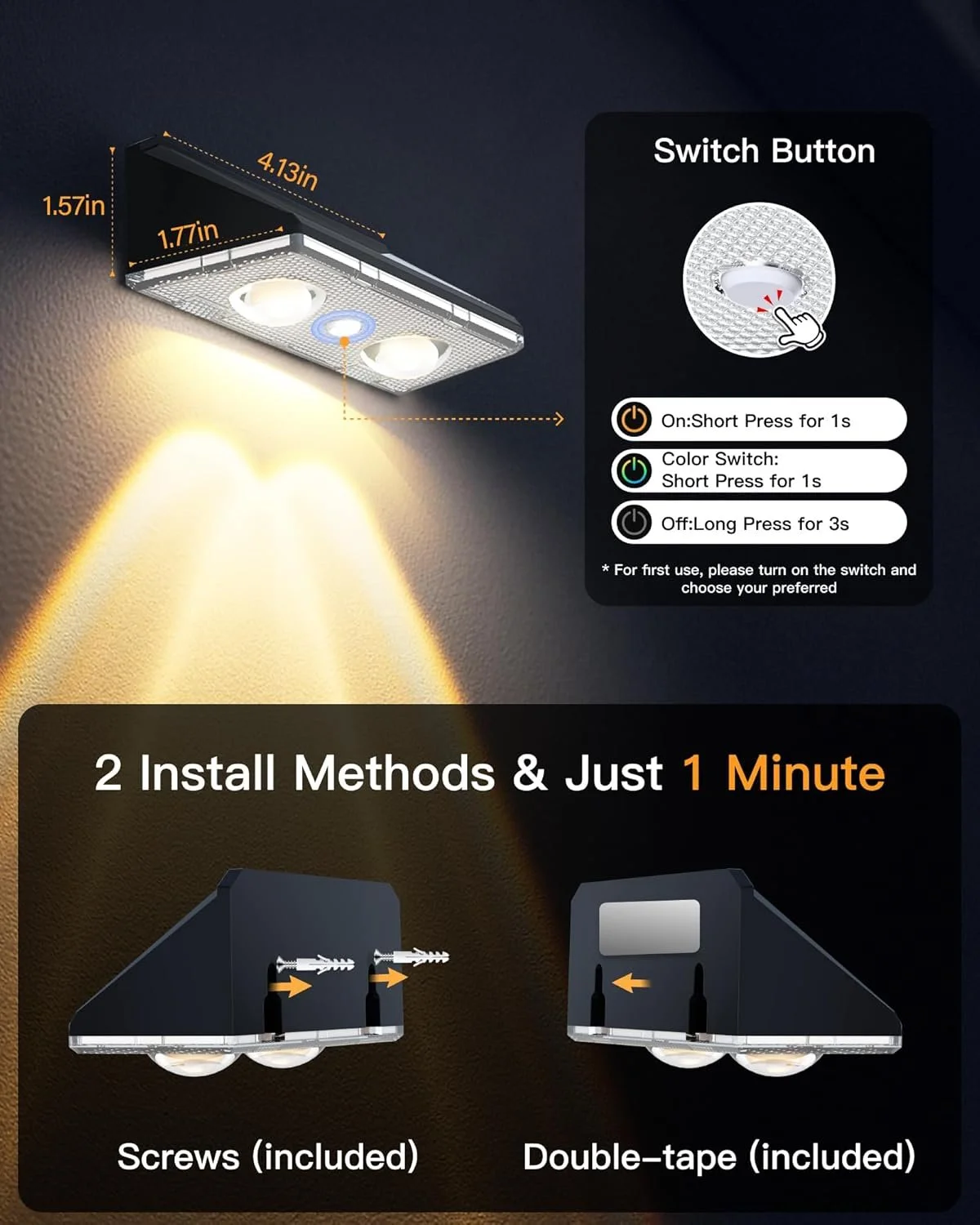 Image showing a ceiling light with dimensions 4.13 inches by 1.57 inches by 1.77 inches, highlighting its installation and operation. Instructions include a switch button with different functions: short press for 1 second to turn on, short press for 