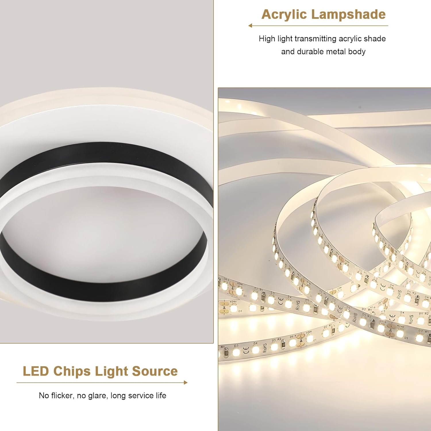 Comparison of an acrylic lampshade and LED strip lights. The lampshade is white with black accents, and the LED strip lights are flexible, with small LED chips emitting light.