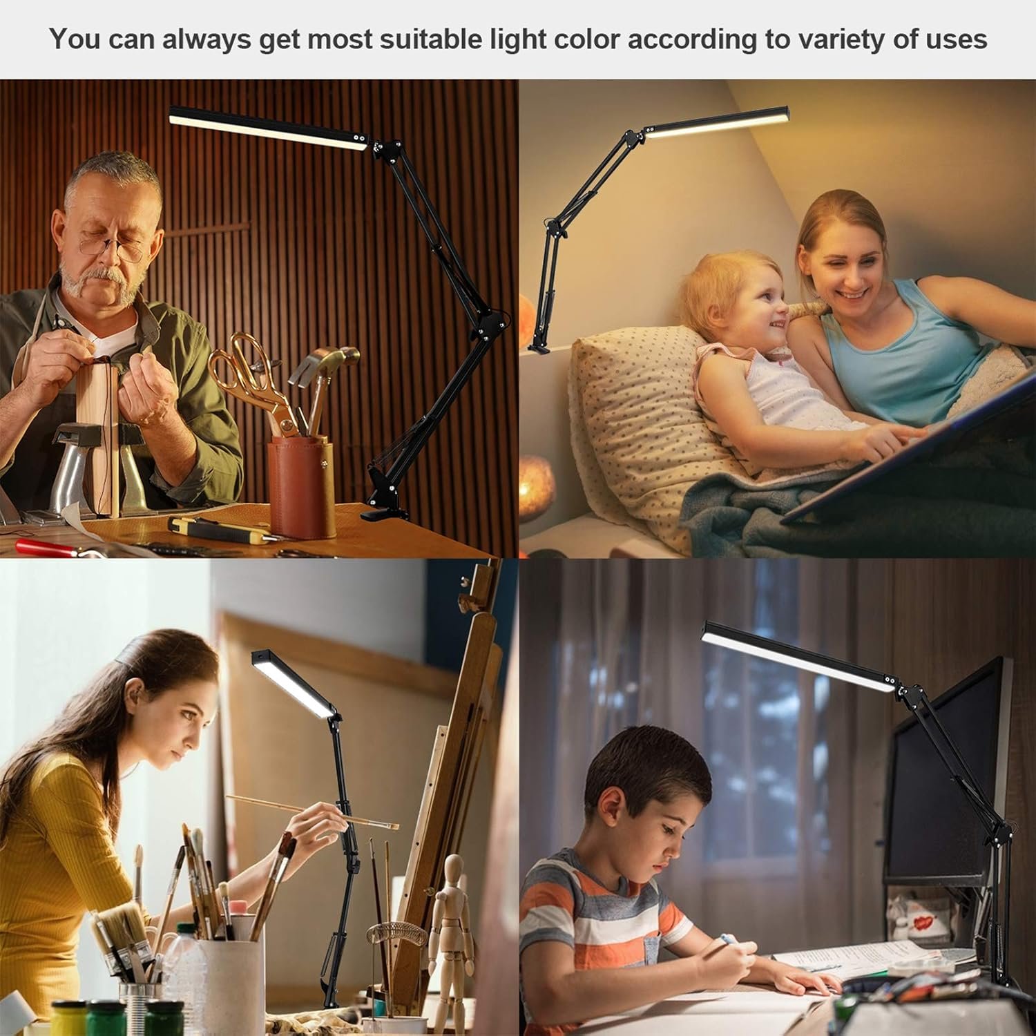 Different people using adjustable desk lamps in various settings: a man working on a woodworking project, a woman and girl reading or watching together, a woman painting, and a boy studying at a desk.