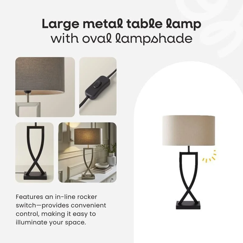 A large metal table lamp with an oval lampshade, featuring a black metal base with interwoven curved design, and a beige oval lampshade. The image shows various views of the lamp and a close-up of its rocker switch, highlighting its convenient contro