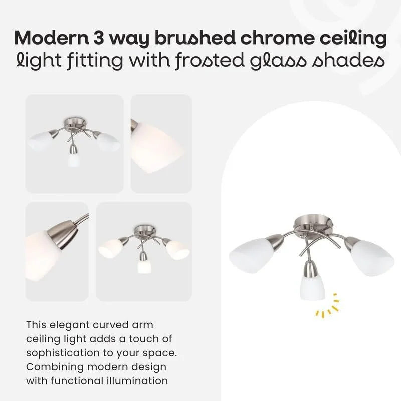 Multiple images of a modern 3-way brushed chrome ceiling light fixture with frosted glass shades, showing different angles and lighting states.