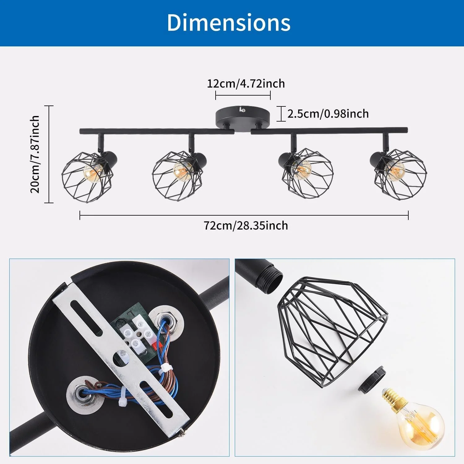 A ceiling light fixture with four black wire cage bulbs mounted on a horizontal black bar, including close-up views of the wiring inside the black circular base, a detached wire cage shade, and an Edison-style bulb, with dimensions labeled.