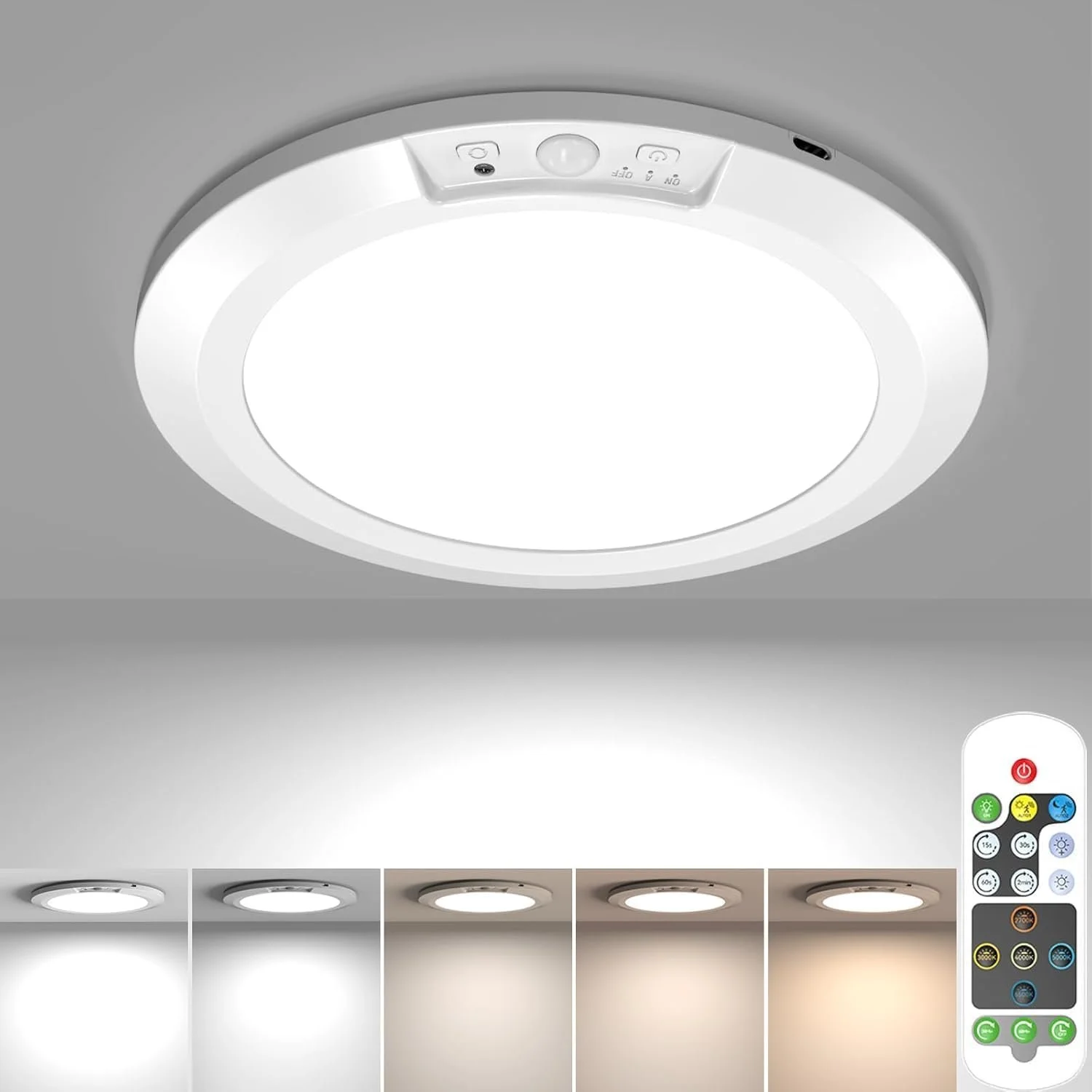 Ceiling-mounted circular LED light with remote control showing color and brightness settings.