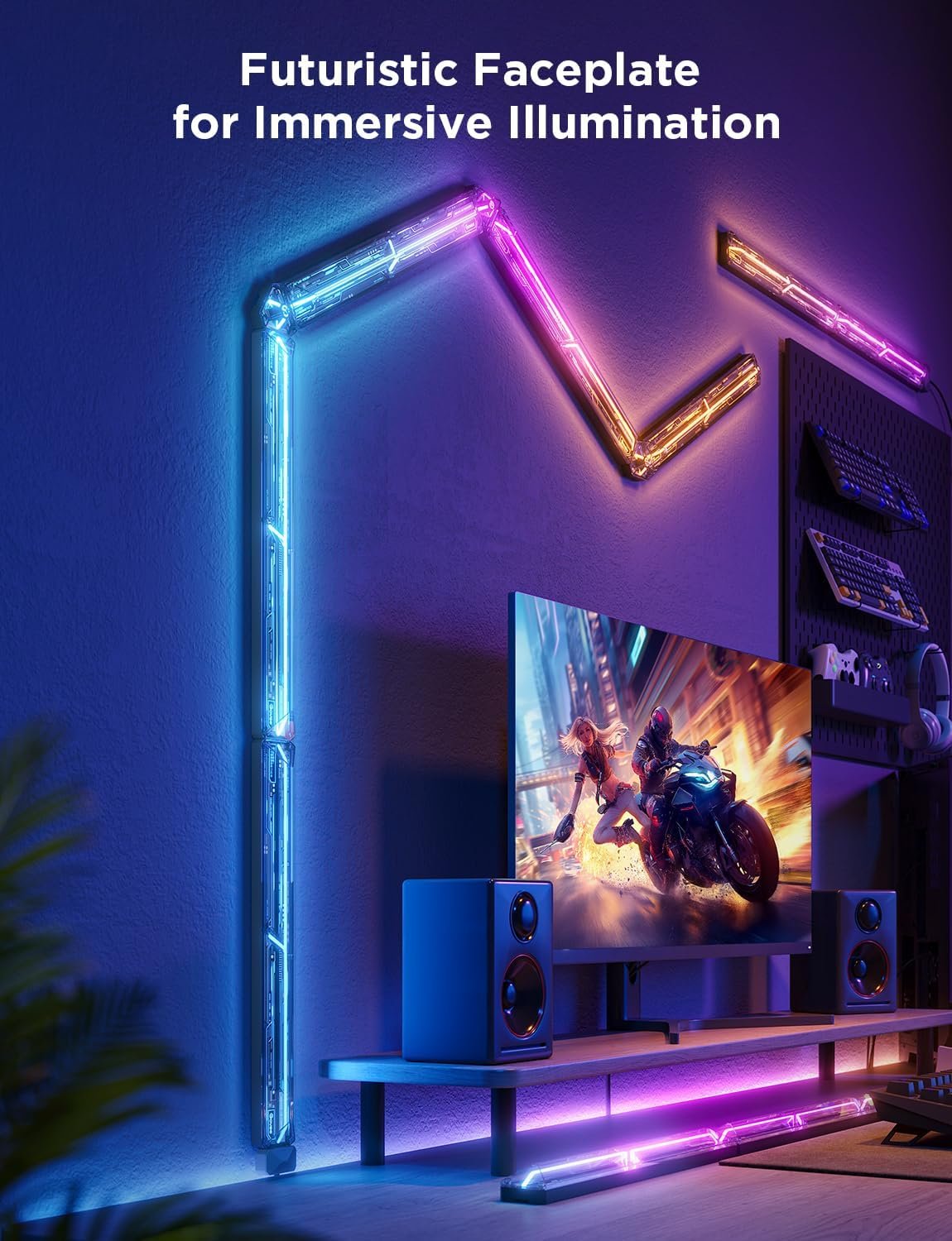 A modern entertainment room with a large flat-screen TV displaying a motorcycle and rider screenshot, surrounded by colorful neon LED lighting on the wall and floor, stereo speakers on a wooden console, and gaming accessories mounted on a pegboard.