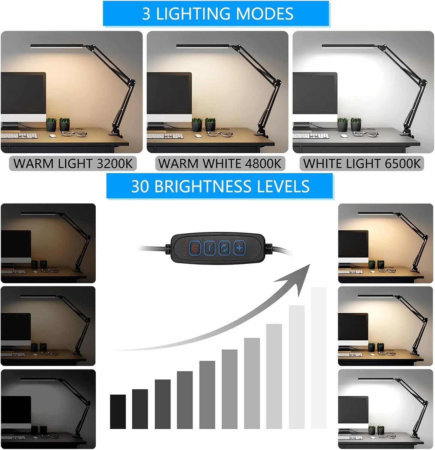 Diagram showing three lighting modes for a desk lamp with adjustable brightness. The modes include warm light at 3200K, warm white light at 4800K, and white light at 6500K. Brightness levels range from 1 to 30, controlled by a remote with buttons to 