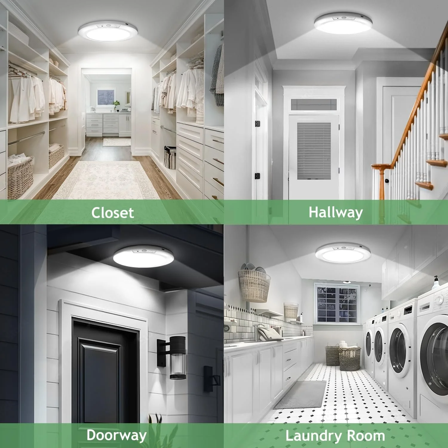 Four images of rooms in a house: top left shows a walk-in closet with white shelves and hanging clothes; top right depicts a hallway with a gray door and a wooden staircase; bottom left displays a dark door with a black wall-mounted light fixture; bo