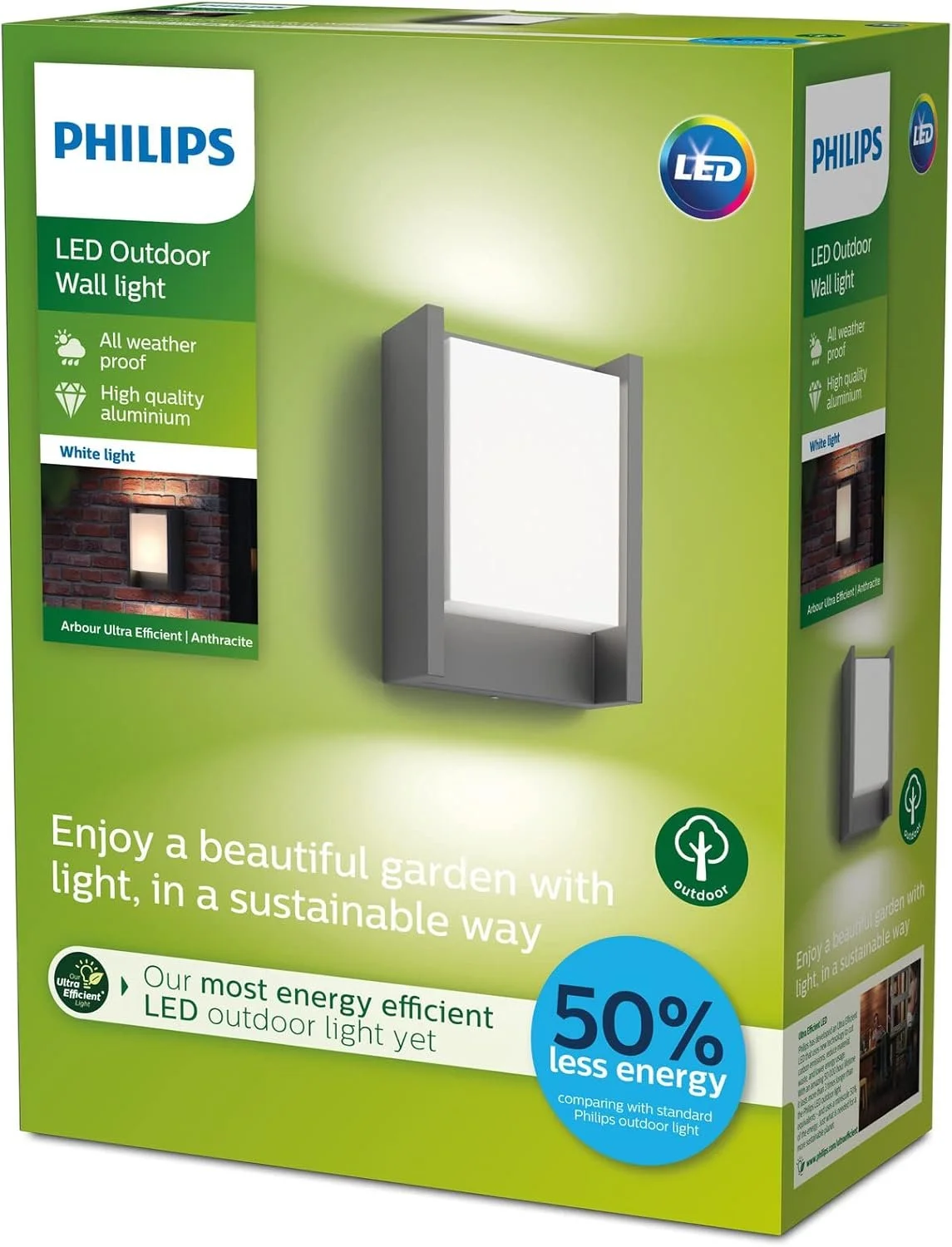 Green packaging box for a Philips LED outdoor wall light, showing the product image, features like weatherproof and high-quality aluminum, and a blue circle highlighting 50% less energy consumption.