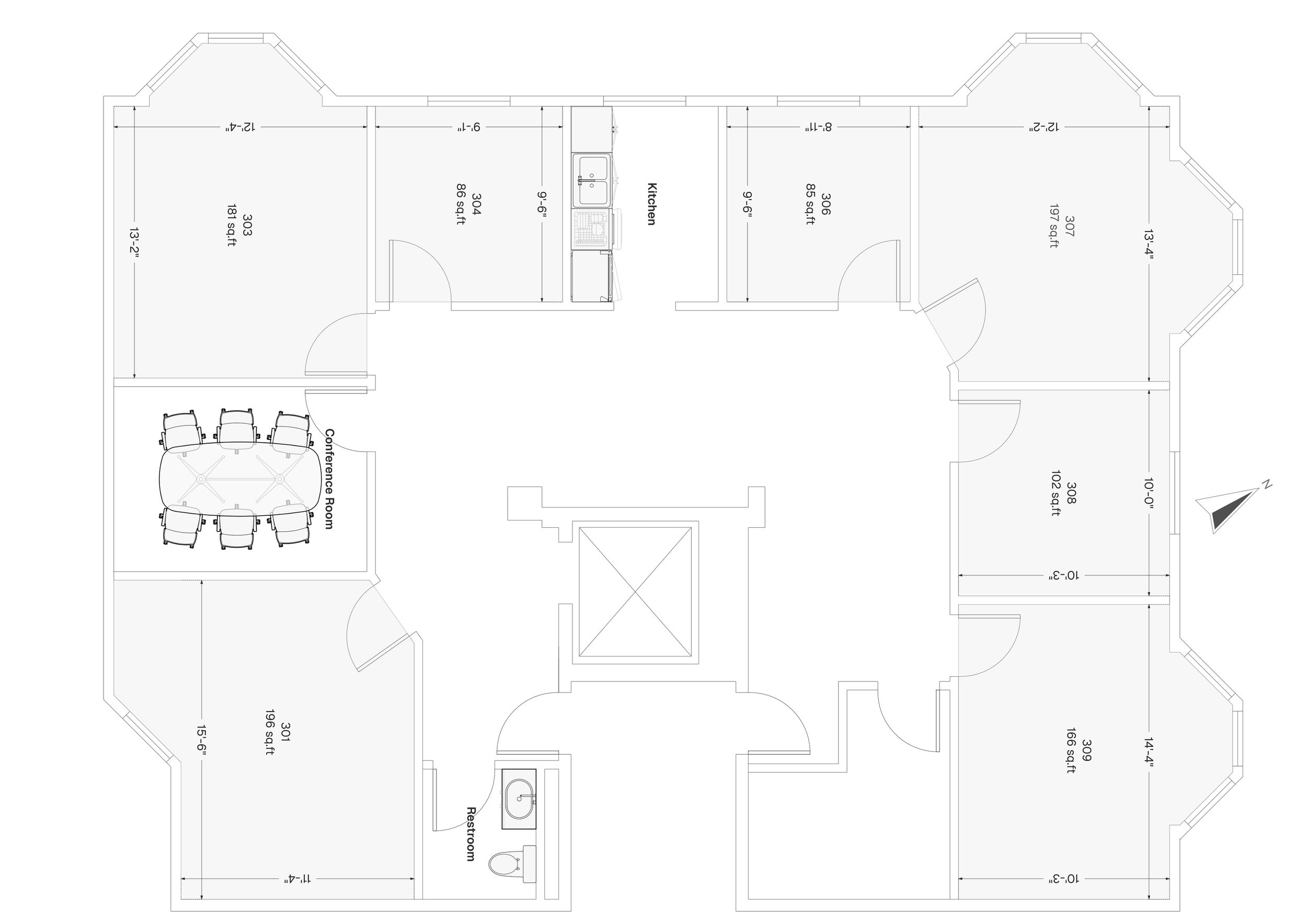 Architectural floor plan of a residential house, showing various rooms including a conference room, kitchen, restroom, and multiple bedrooms with detailed measurements.