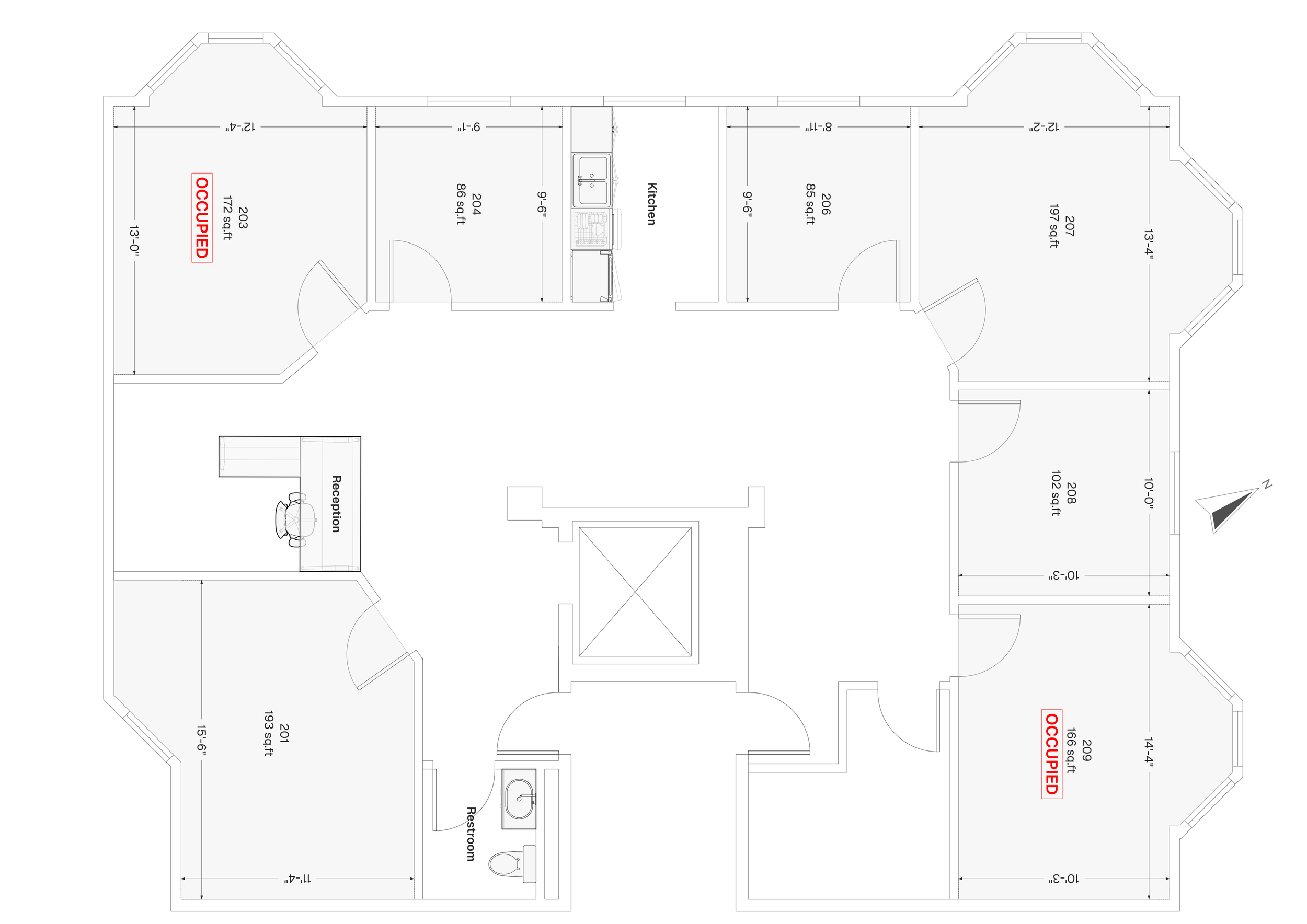 Architectural floor plan of a building showing various rooms, including a reception area, restrooms, kitchens, and designated areas marked as occupied. The plan indicates room sizes and labels.