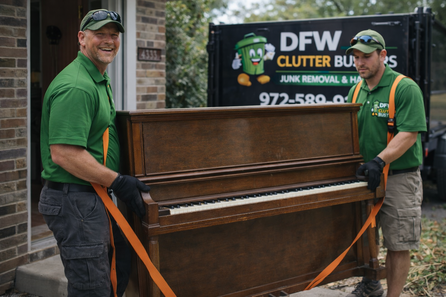 Two workers from DFW Clutter Busters moving a wooden piano outside a house.