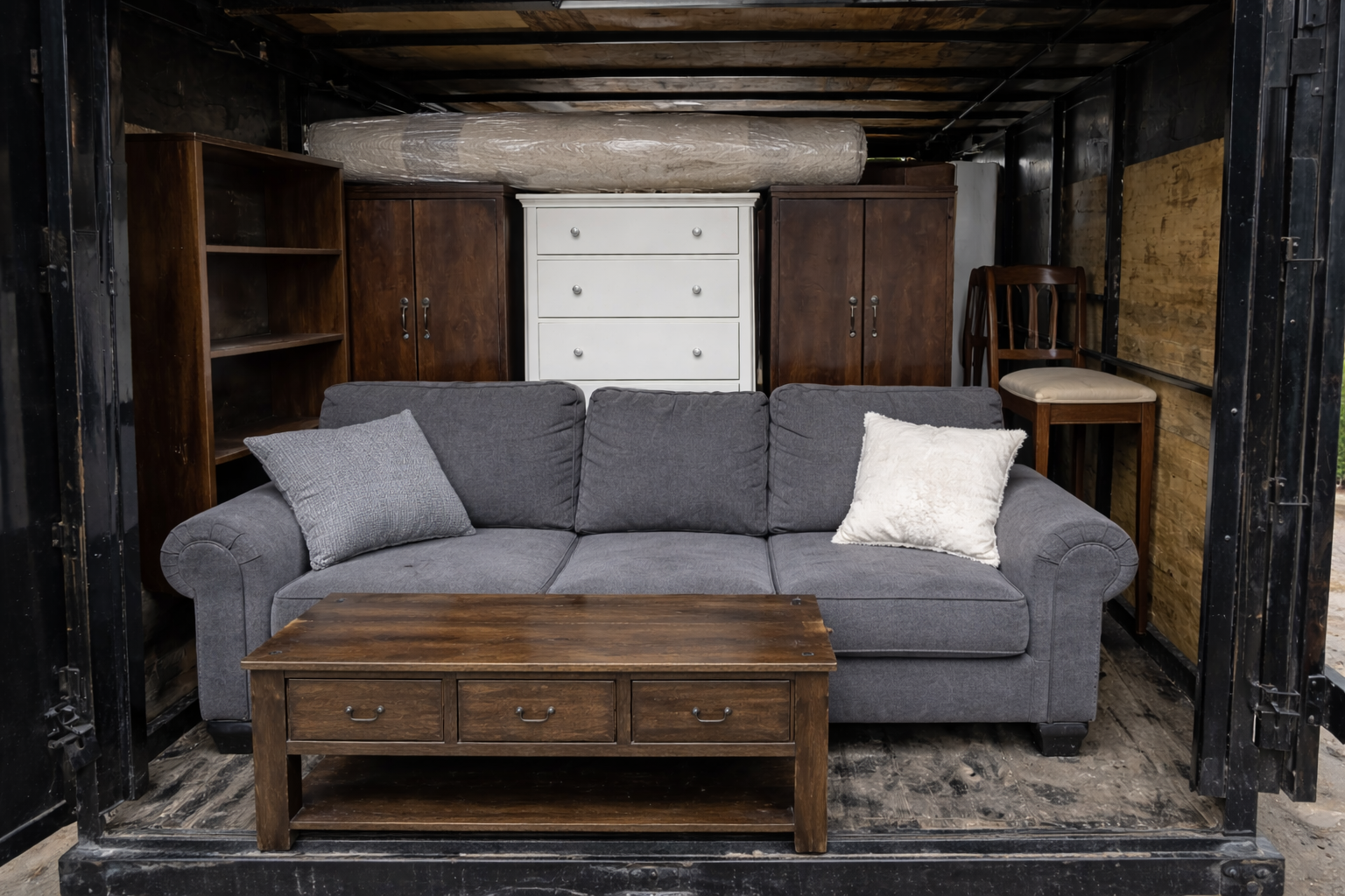 Gray sofa with two pillows in front of a wooden table, behind it are dark and white cabinets, and a wooden chair, inside a black metal and wood enclosed space.