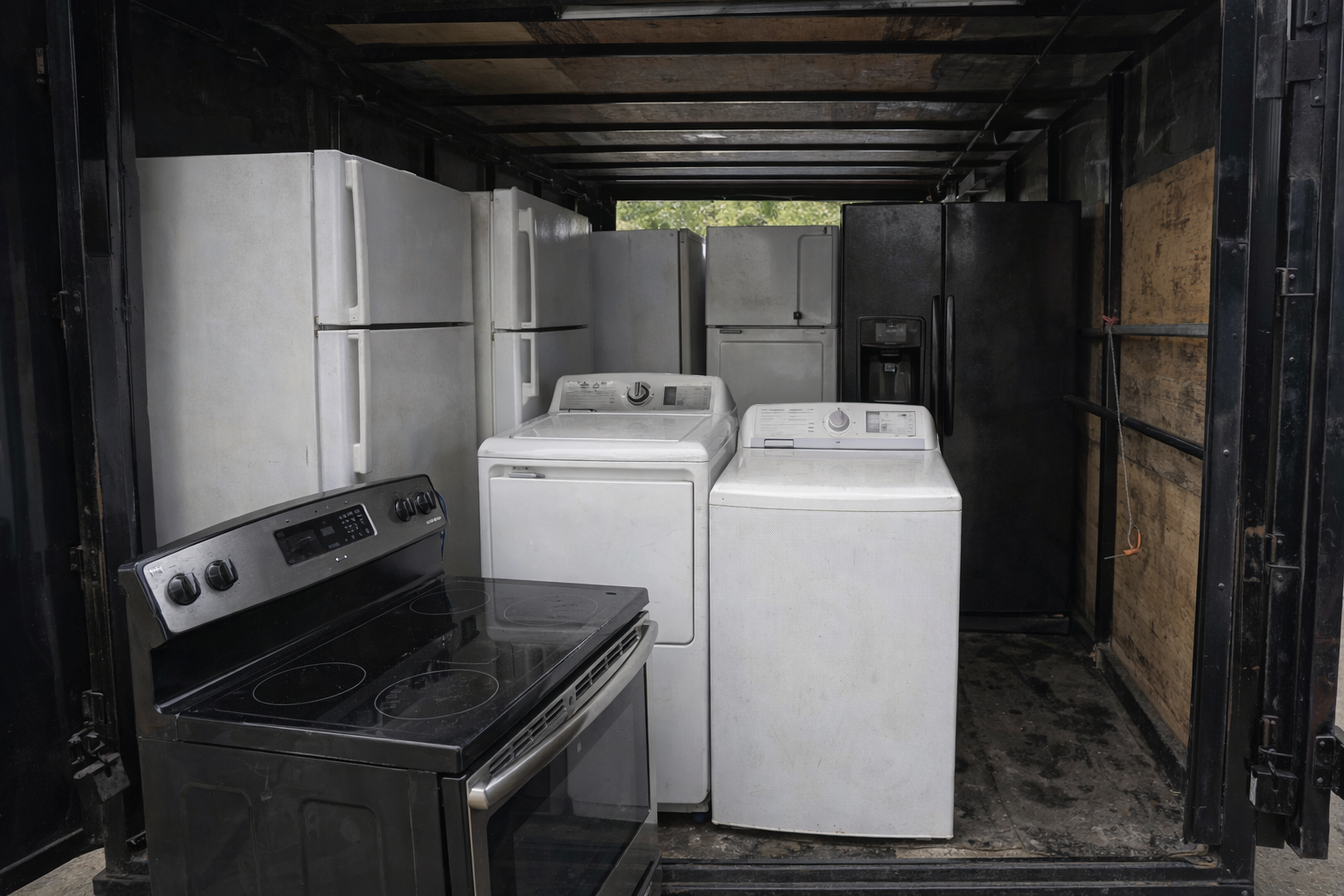 A small storage unit or garage with several household appliances including a black stove, two white washing machines, and four refrigerators, two of which are black and two are white.