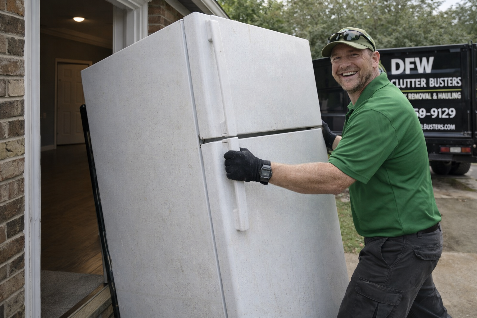 A man wearing a green shirt and black gloves is moving a large white refrigerator into a house through the open front door.