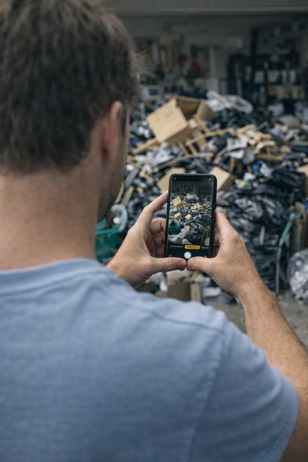 A man taking a photo of a large pile of assorted trash, including cardboard, plastic, and metal debris, with his smartphone.