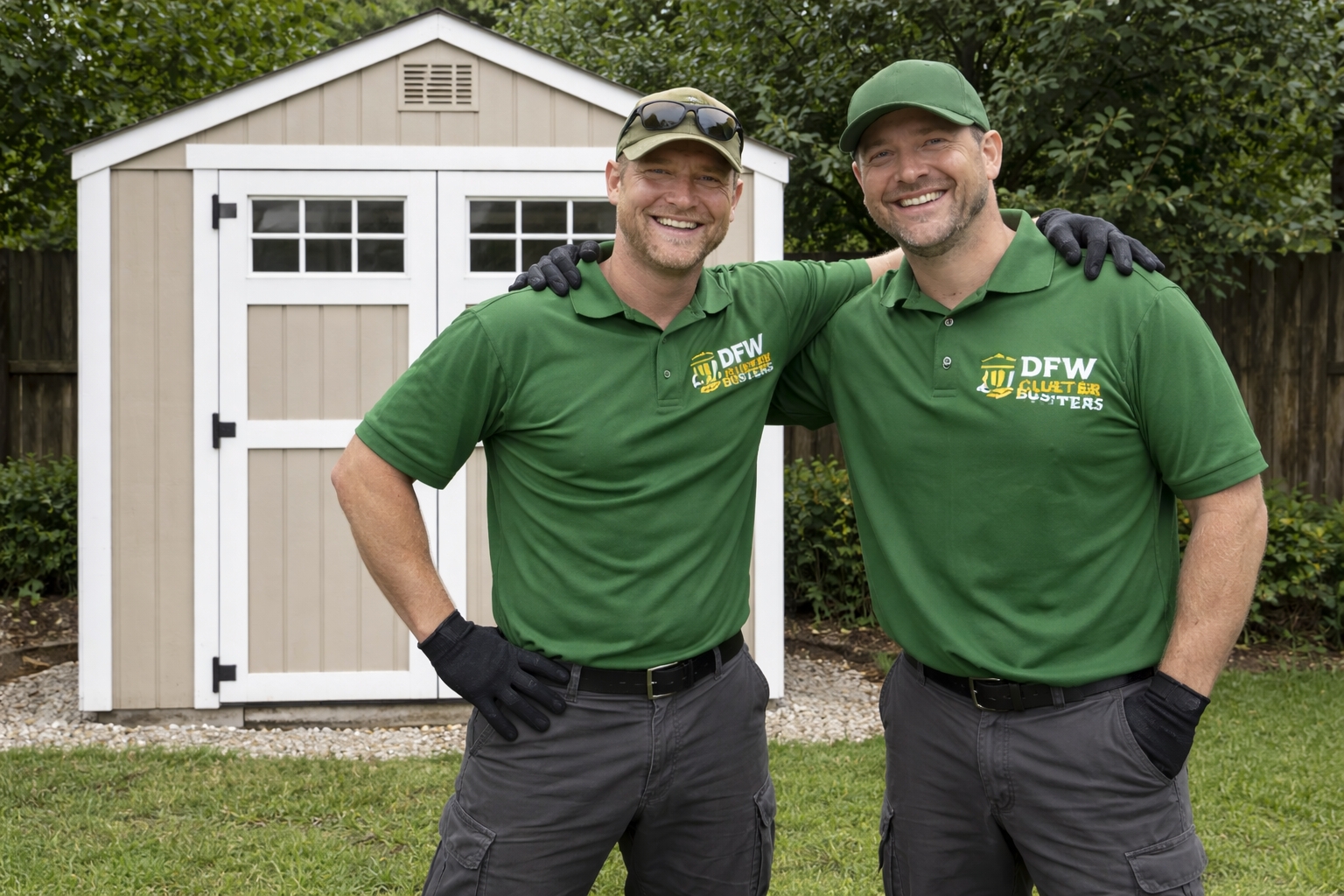 Two smiling men in green shirts and dark cargo pants standing arm-in-arm in front of a small beige shed with white trim in a backyard. They are wearing black gloves and hats, and their shirts have a logo that reads "DFW Gutter Busters."