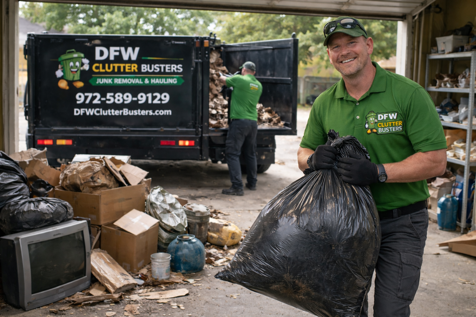 Man smiling at camera while holding a trash bag in a cluttered garage with a company truck in the background.