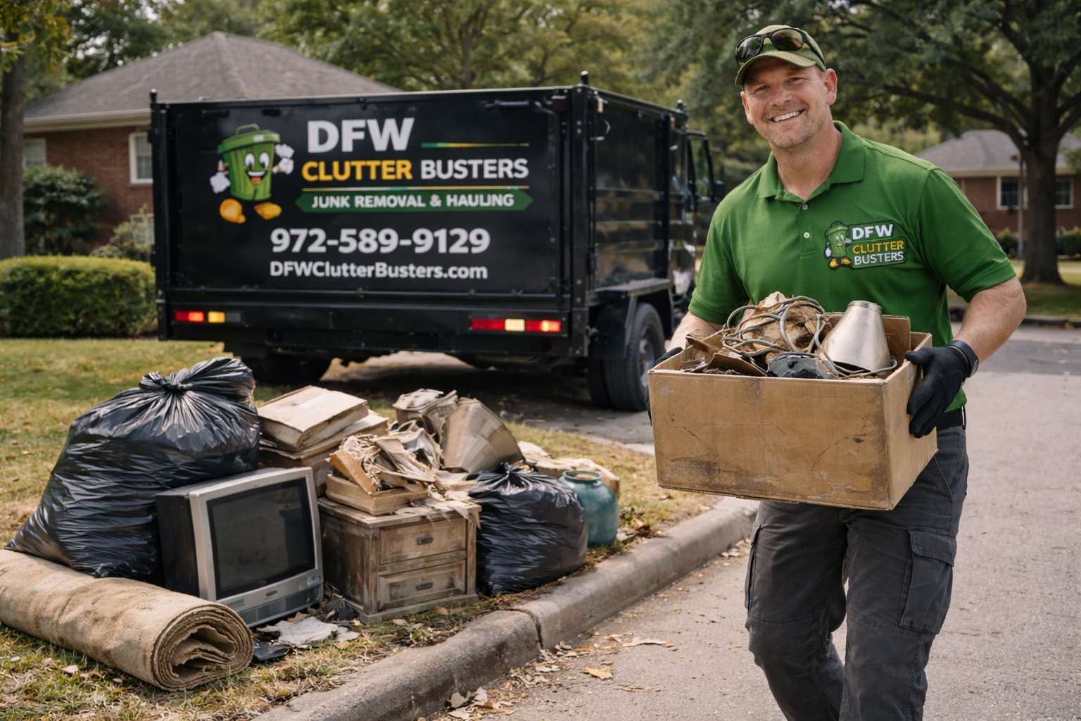 A man in a green shirt with the logo 'DFW Clutter Busters' holding a box of miscellaneous clutter, standing next to a pile of bags, old electronics, and documents on the curb. A black trash truck with the same branding is in the background.